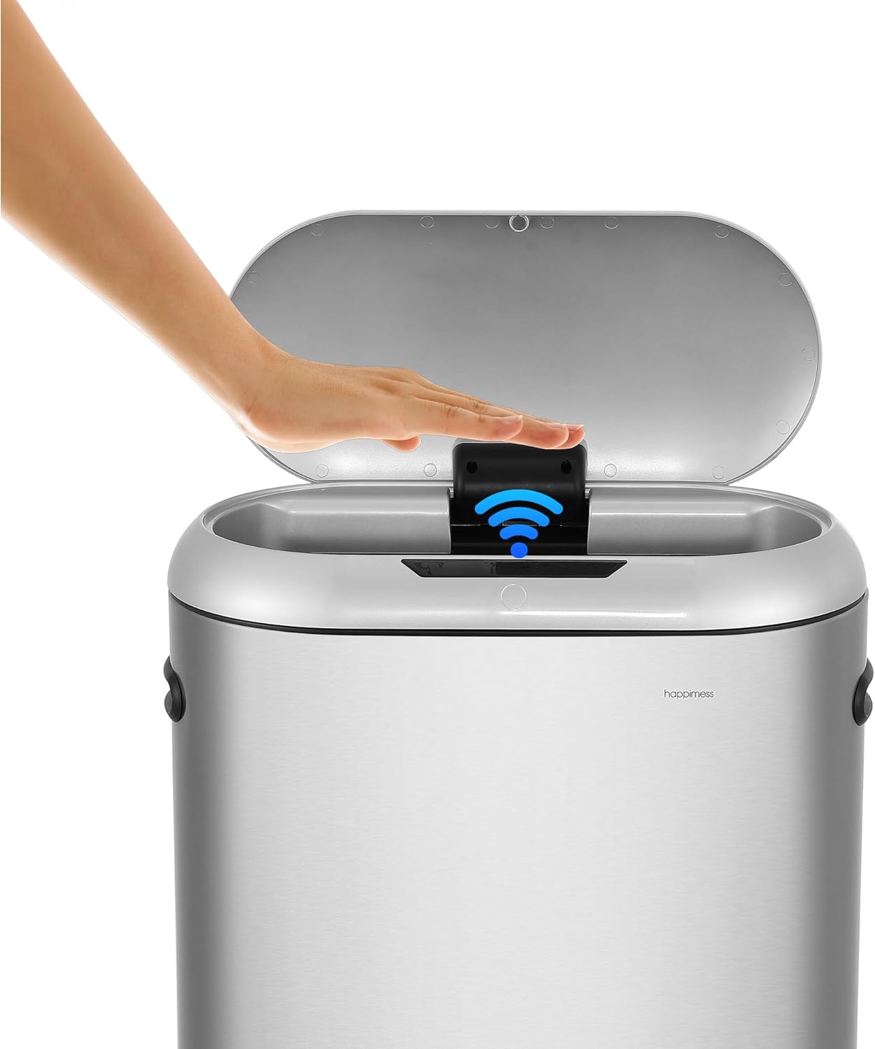 happimess HPM1016A Robo Kitchen 13.2-Gallon Slim Oval Motion Sensor Touchless Trash Can with Touch Mode, Fingerprint Resistant, Modern, Minimalistic for Kitchen, Office, Bathroom, Platinum Silver