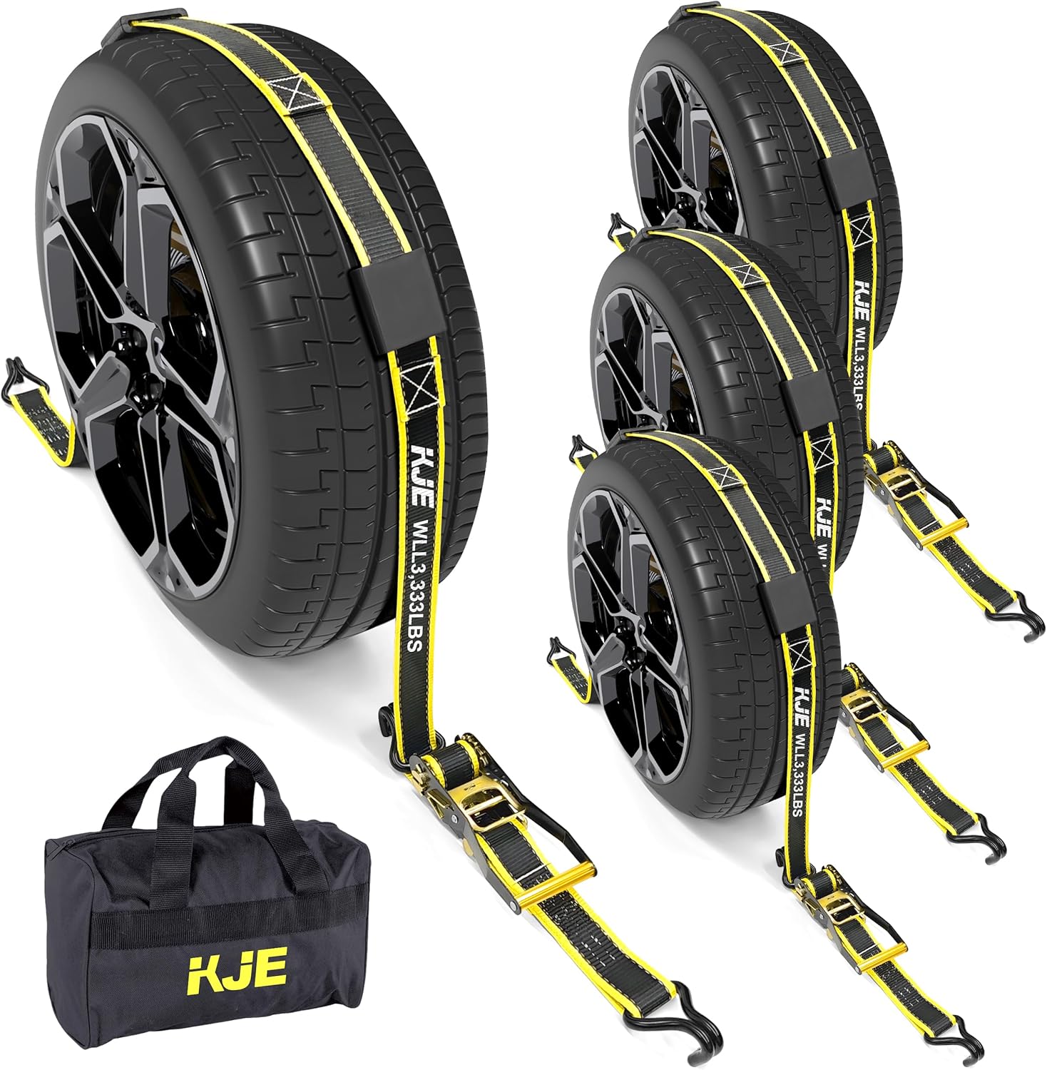 KJE Reflective Car Tie Down Straps for Trailers 4 Pack- Premium Tire Ratchet Strap with (3) J Hooks (3) Rubber Blocks - 2