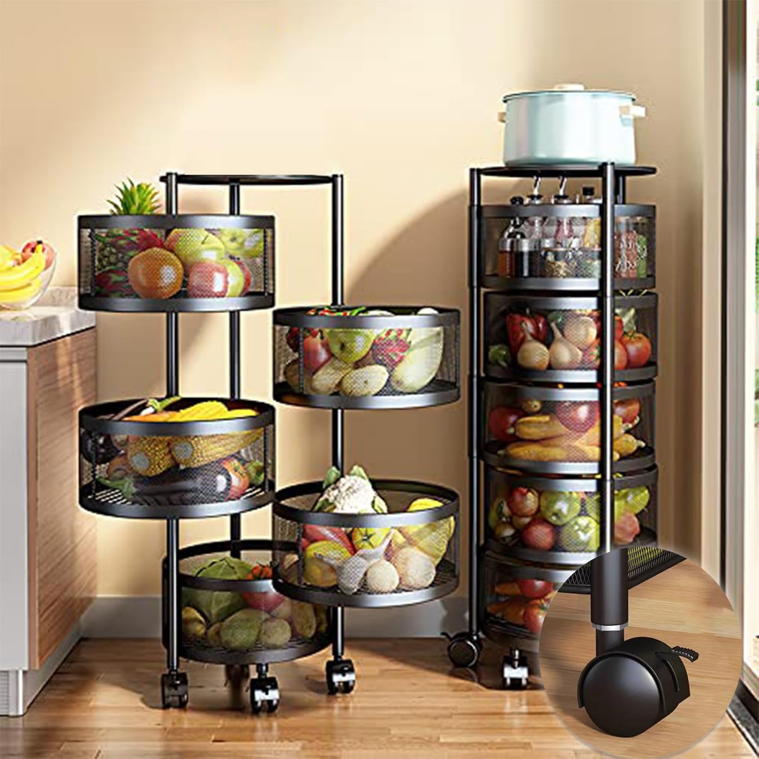 Fruit and Vegetable Basket for Kitchen, 5 Tier Circular Rotating Storage Rack Cart with 4×360° Casters, Metal Multifunctional Kitchen Storage Rack for Home Kitchen Living Room