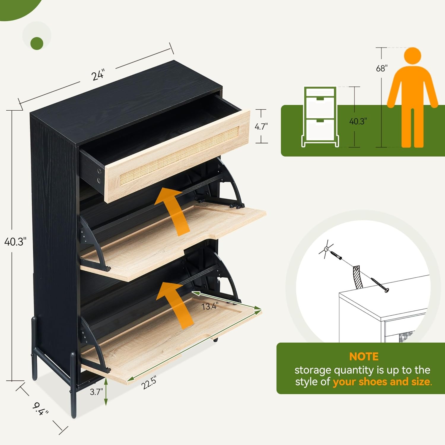 GAOMON Natural Rattan 2 Flip Door with 1 Drawer Shoe Rack Storage Cabinet, Shoe Cabinet Organizer Freestanding with 3-Tier Adjustable Shelves for Entryway, Entrance Hallway (2 Flip Doors, Black)