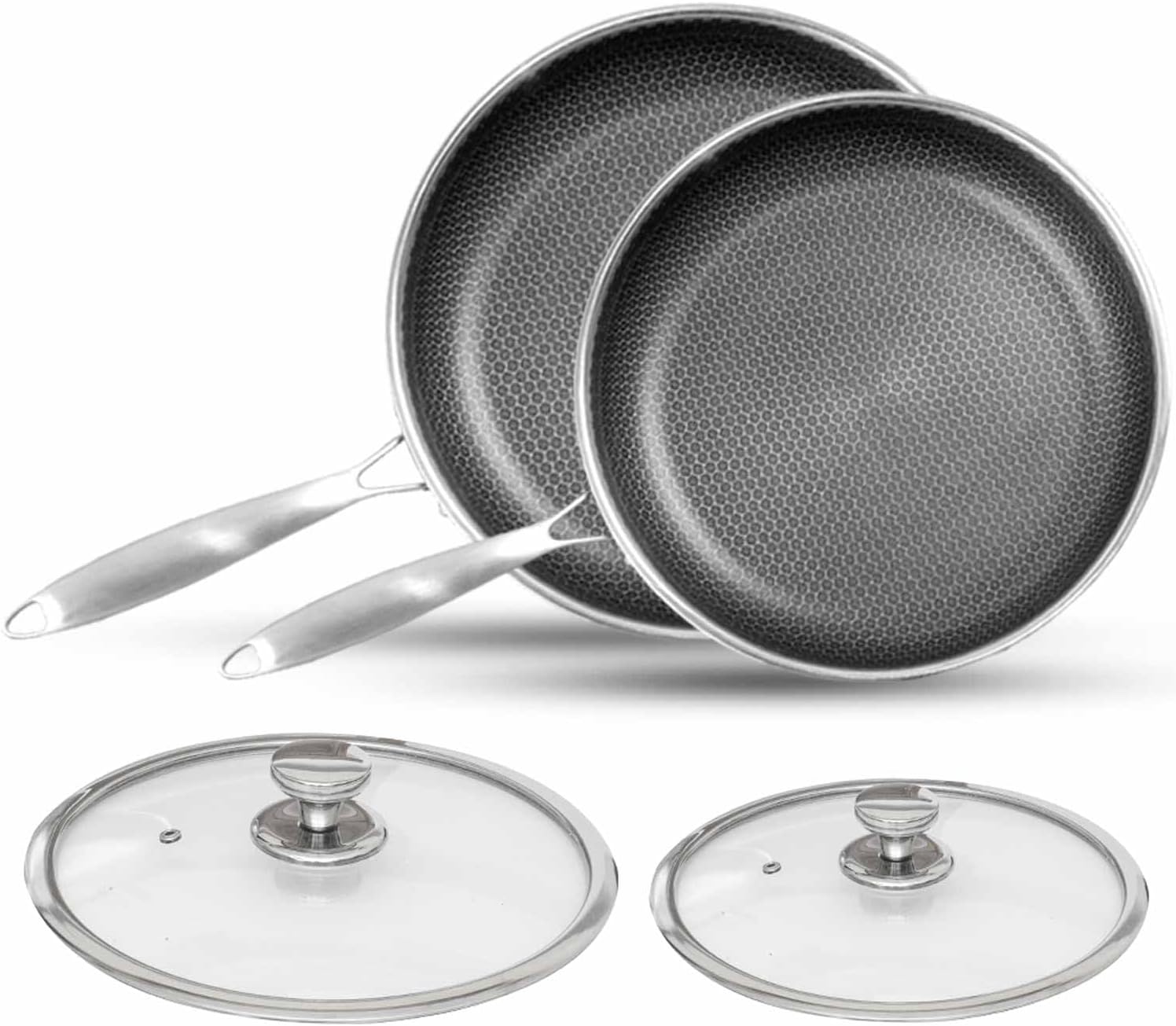 AUDANNE 2 Pack Frying Pan Set with Lid, 10 inch & 12 inch Stainless Steel Honeycomb Skillet with Handle - PFOA Free, Oven Safe Induction Cooking Cookware Fry Pan, 10