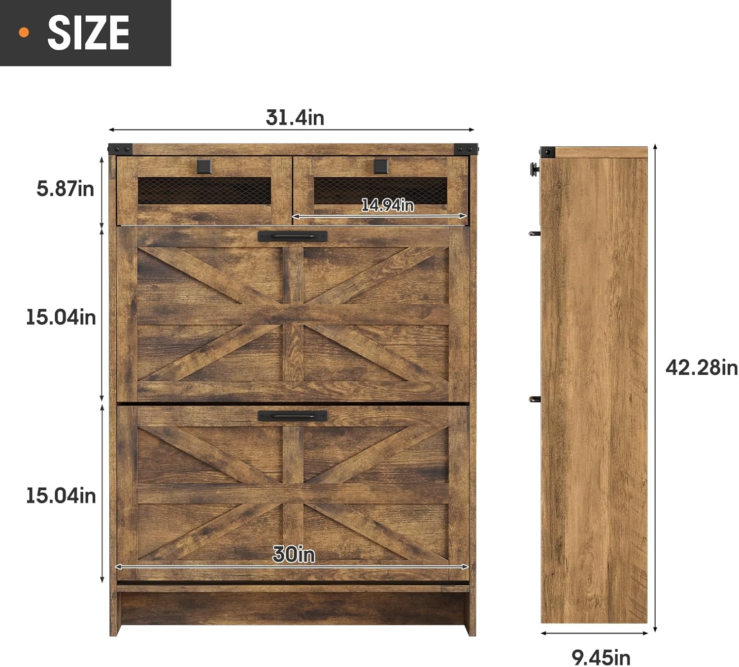 Shoe Cabinet with 2 Flip Drawers& 2 Drawers,Farmhouse Shoe Storage Cabinet for entryway,Narrow Freestanding Shoe Rack Cabinet for Entrance,Brown