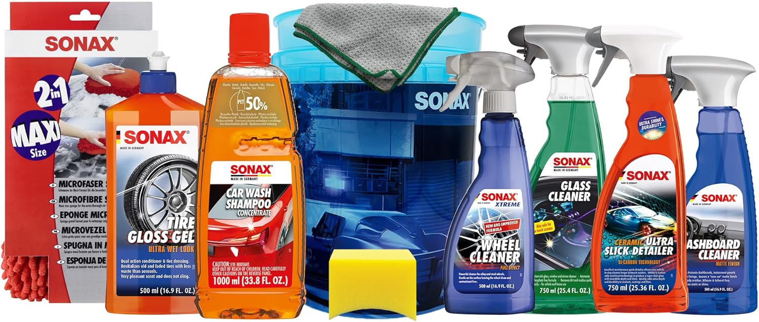 SONAX Ultimate Car Detailing Kit | 11-Piece Complete Car Care Set | Car Wash Shampoo, Wheel Cleaner, Tire Gloss Gel, Ceramic Detailer, Dashboard & Glass Cleaner | Microfiber Towels, Wash Mitt & Bucket