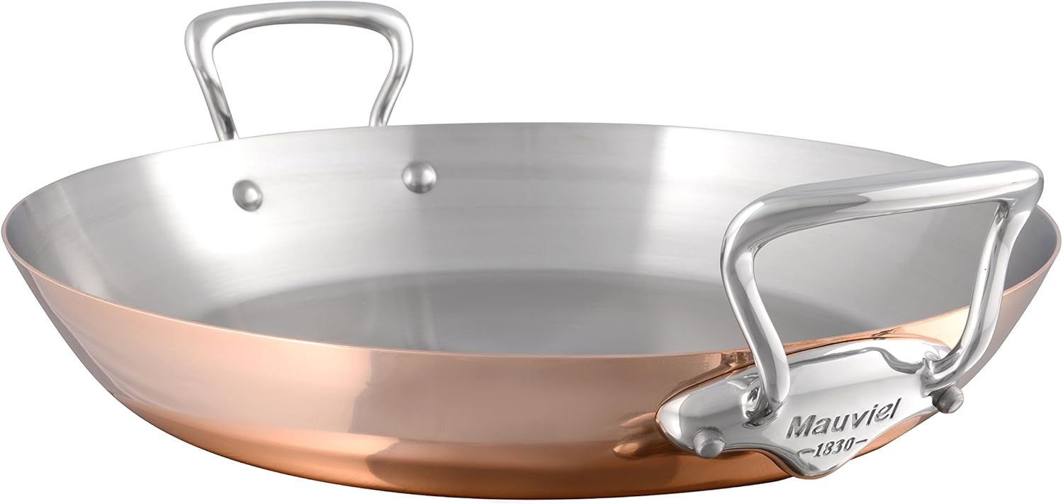 Mauviel M'Heritage 150 S 1.5mm Polished Copper & Stainless Steel Paella Pan With Cast Stainless Steel Handles, 13.8-in, Made In France