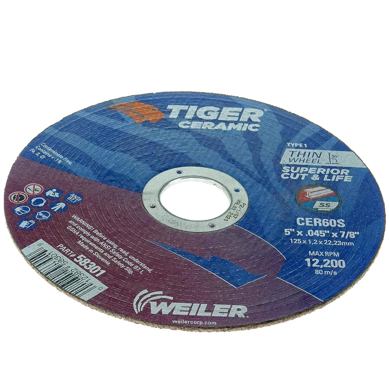 Weiler 58301 5 Inch Cutting Wheel, Tiger Ceramic Stainless Steel Superior Life & Cut Contaminant Free Max Performance Cutting, .045