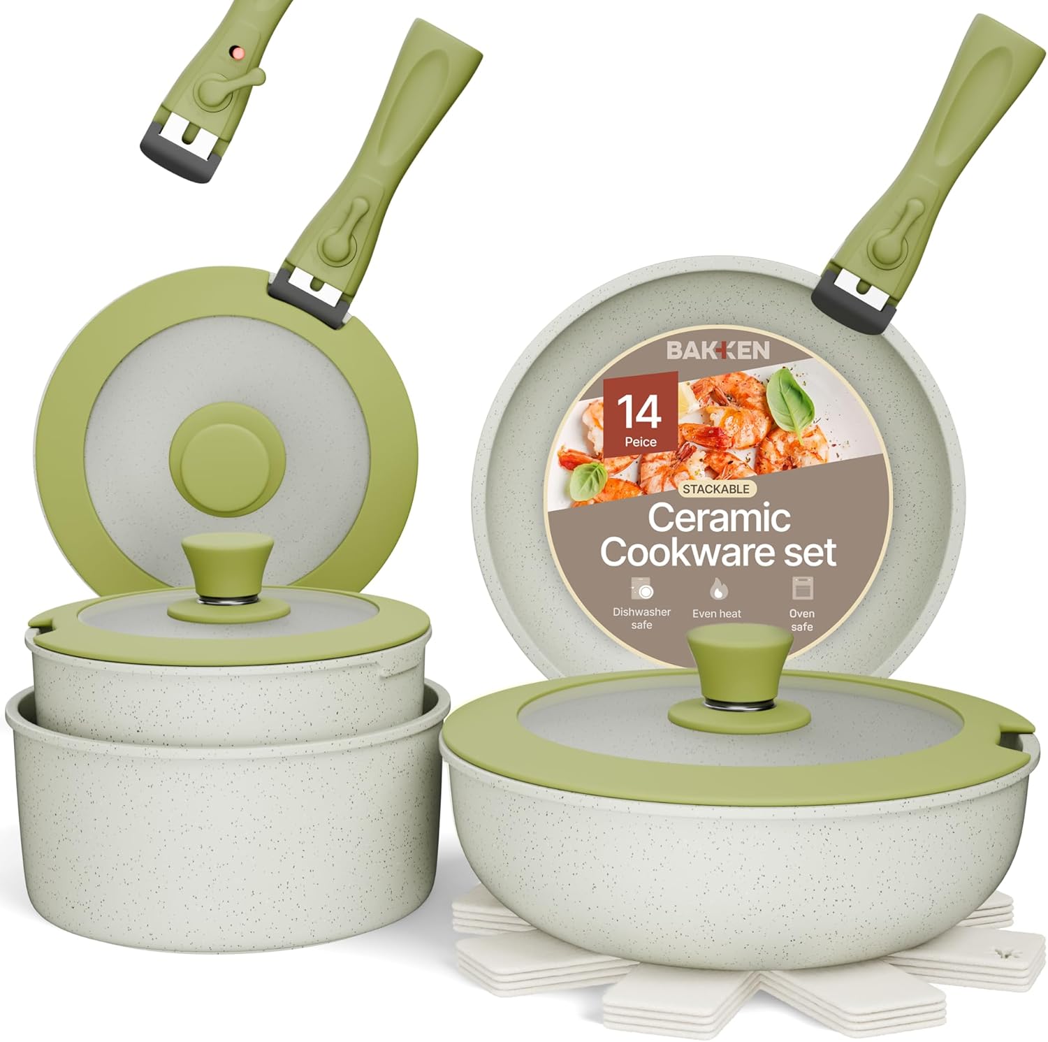 Pots and Pans Set Non Stick Ceramic-Granite – 15-Piece Cookware with Detachable Handles, Stackable Space-Saving, Dishwasher Safe, Stain-resistant, Oven & All-Stove Safe, Tempered Glass Lids, Green