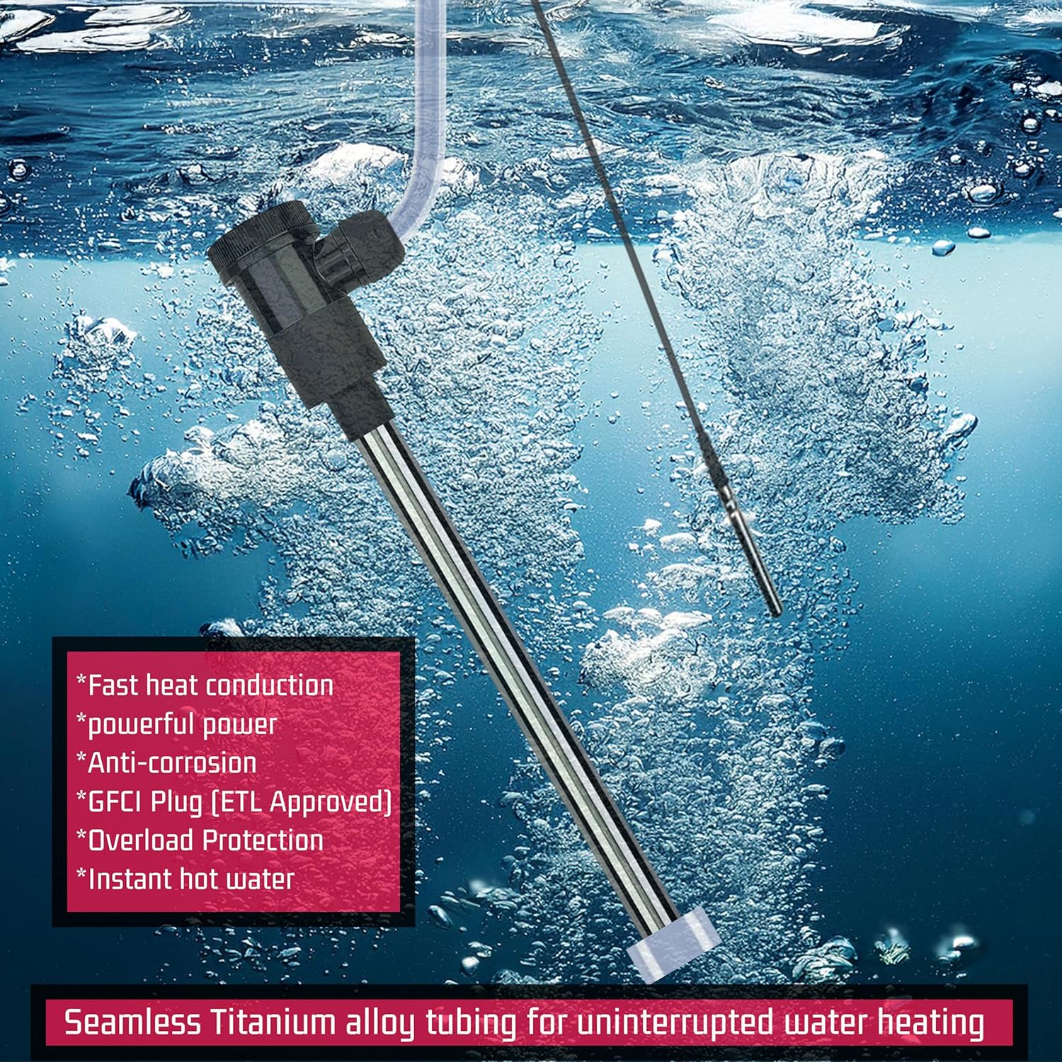 240V 3000W Titanium Submersible Electric Immersion Water Heater with Thermostat & GFCI – Portable Heater for Swimming Pools, inflatable pool, Above Ground Pool, Baptistry, Spa Tubs & Hot Tub