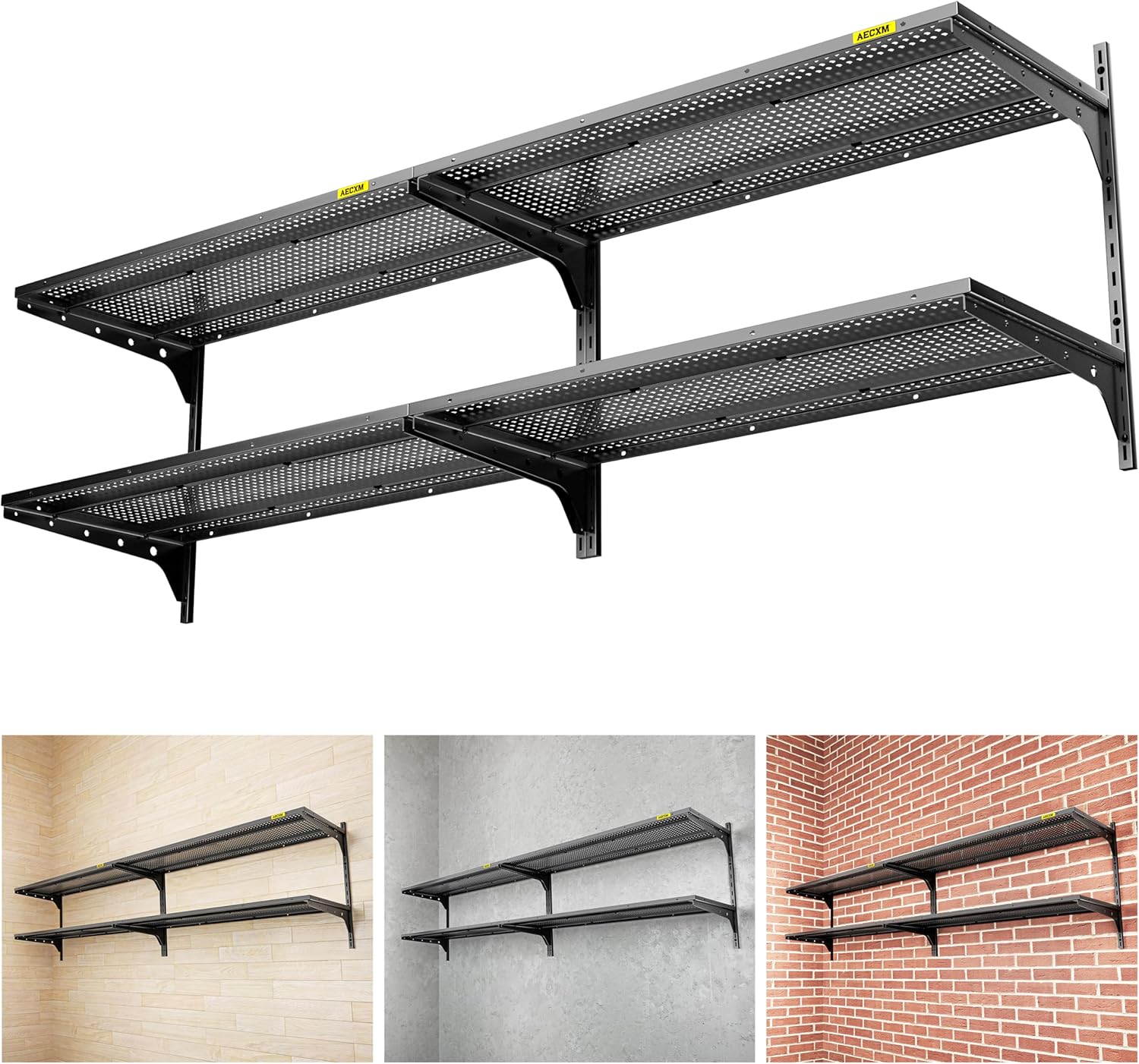 1pack×2 Tier 1.3x4ft Garage Shelving Wall Mounted, 260lbs Load Capacity，15.6x48inch per Shelf Height Cassette Adjustable Floating Shelves, Black