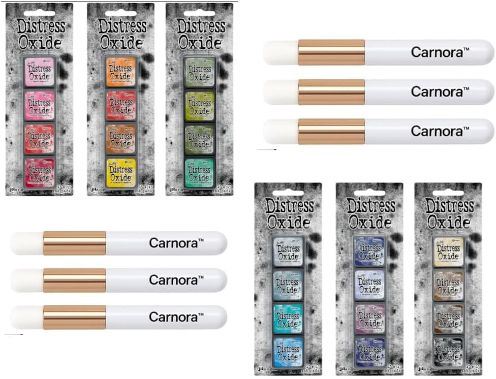Tim Holtz Ranger Mini Distress Oxide Ink Cube Pads, Kits 1, 2, 3, 4, 5, 6-24 Colors, 6 Carnora Blending Brushes