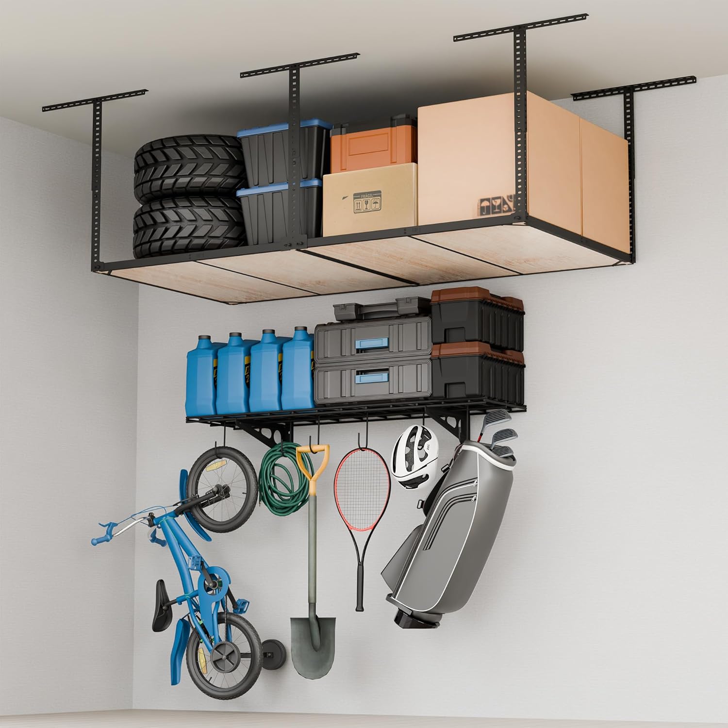 FLEXIMOUNTS Garage Storage Bundle – 1x4ft Wall Shelf with 6 Bike Hooks (150 lbs Capacity) & 4x8 Overhead Storage Rack Without Decking (600 lbs Capacity), Heavy-Duty Metal Garage Organization Sy