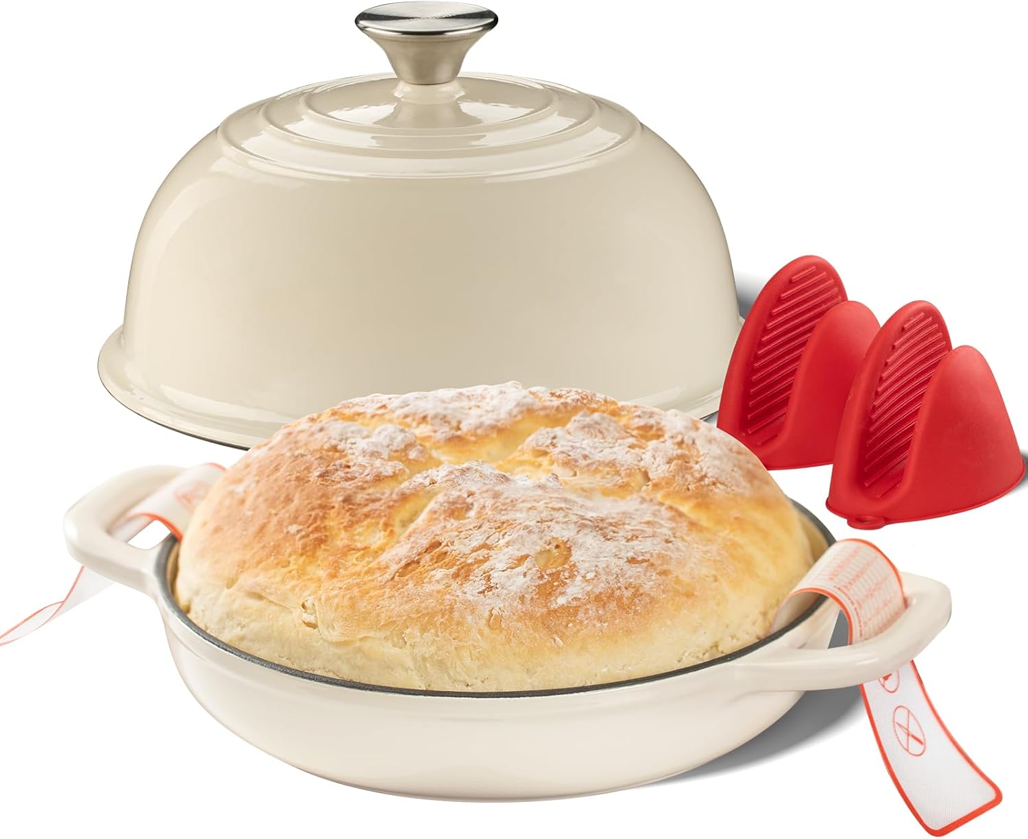 Dutch Oven for Bread Baking-5QT Cast Iron Sourdough Dutch Oven Pot with Lid, Enameled Round Cast Iron Bread Pot with Dome Lid for Homemade, Gifts for Sourdough Bakers, White