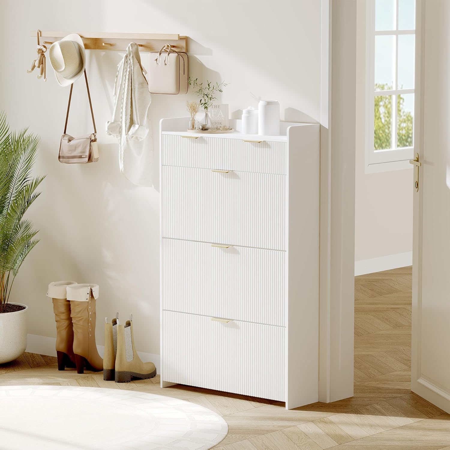 IDEALHOUSE Modern Natural Shoe Cabinet with 3 Flip Drawers & 2 Small Drawers & Hook, Slim Fluted Shoe Storage Organizer, Narrow Entryway Cabinet for Apartment, Hallway, Entrance ((White Color))