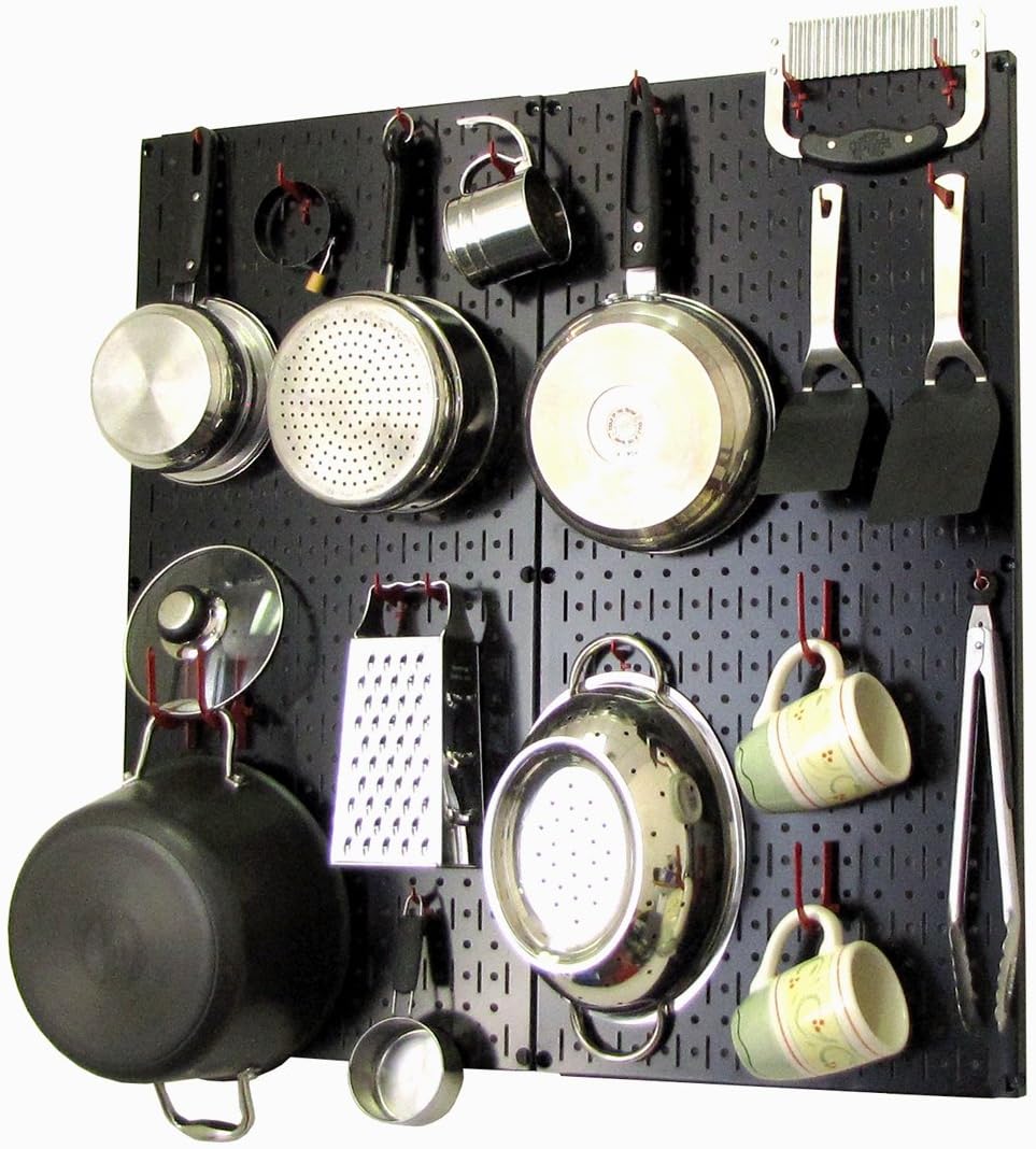 Wall Control Kitchen Pegboard Organizer Pots and Pans Pegboard Pack Storage and Organization Kit with Black Wall Board and Red Accessories