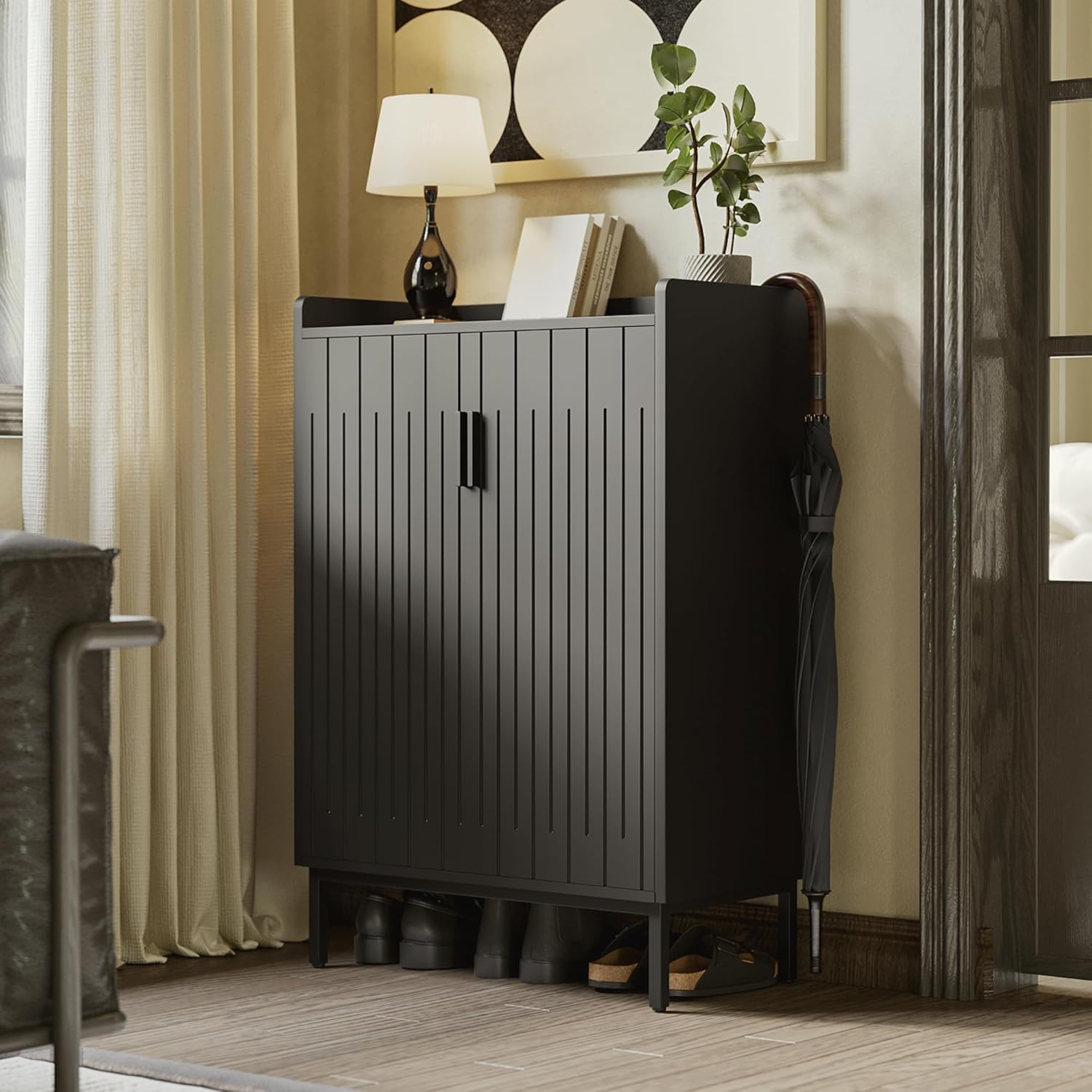 Farmhouse Shoe Cabinet with Doors, Modern Large 5-Tier Shoe Storage Cabinet with Adjustable Shelves, Wooden Shoe Organizer for Entryway, Hallway, Closet, Bedroom, Living Room (Walnut)