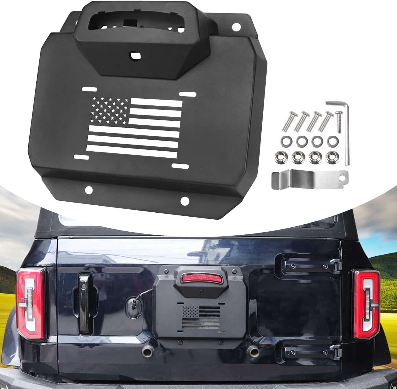 Rear Spare Tire Delete Filler Plate Tailgate Vent Cover with License Plate Third Brake Light Backup Camera Installation Hole Compatible with for 2021-2025 Ford Bronco 2/4 Door