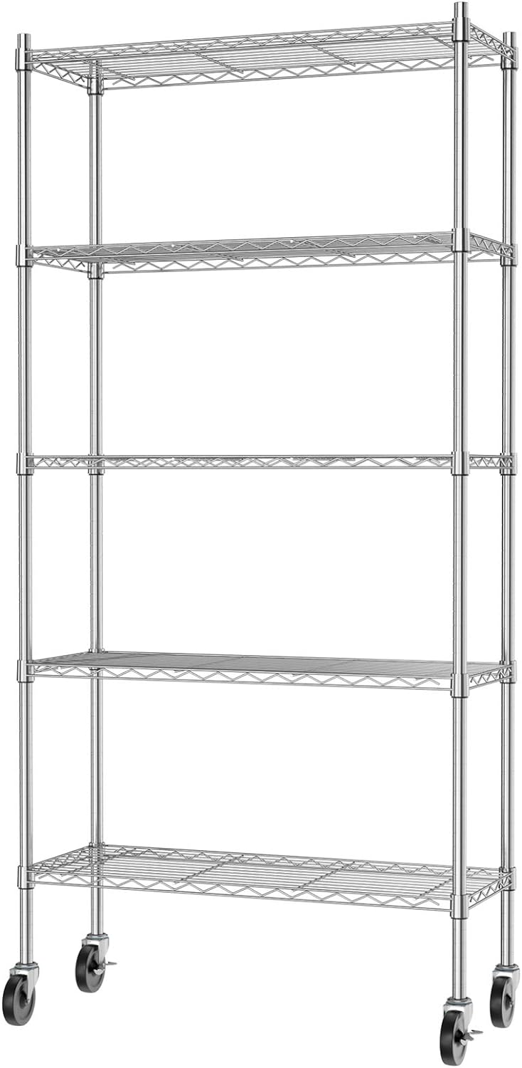 Auslar 5-Shelf Storage Shelves with Casters Heavy Duty 5 Tiers Rolling Cart Utility Racks Adjustable Wire Metal Shelving, 14