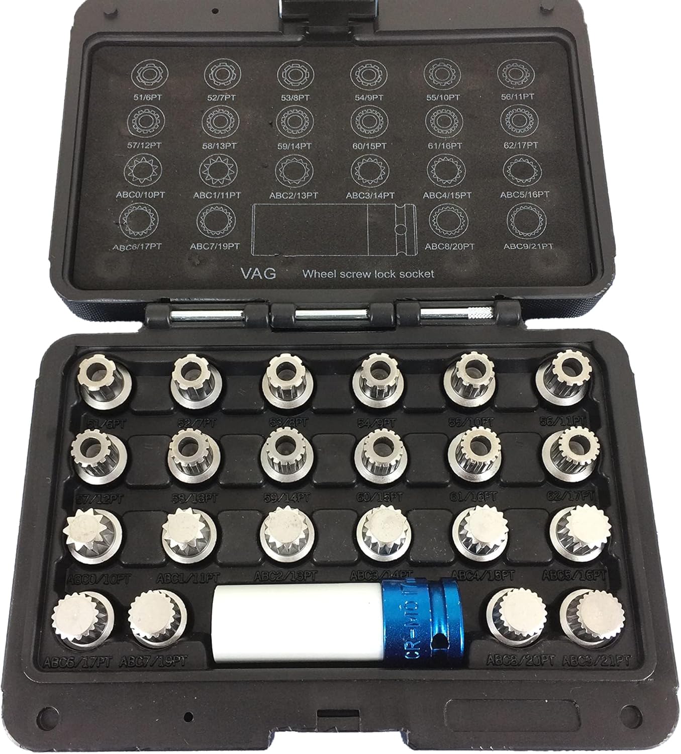 TEMO 23 pc Wheel Lock Lugnut Anti-Theft Lug Nut Screw Removal Key Socket Set for Vw Audi with 1/2 Inch Socket Adapter