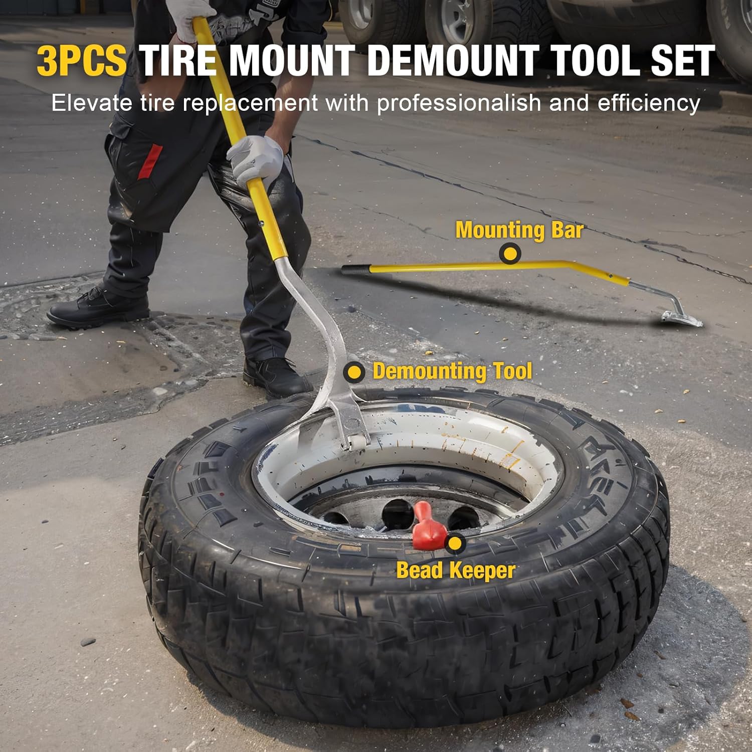 YELLOW JACKET Tire Mount Demount Tool, 22.5 to 24.5 inches, 3PCS Tire Changer Demount Tool with Extra Bead Keeper, Tire Changing Tools for Car Repairing Adapted to Aluminum and Steel Rims, Yellow