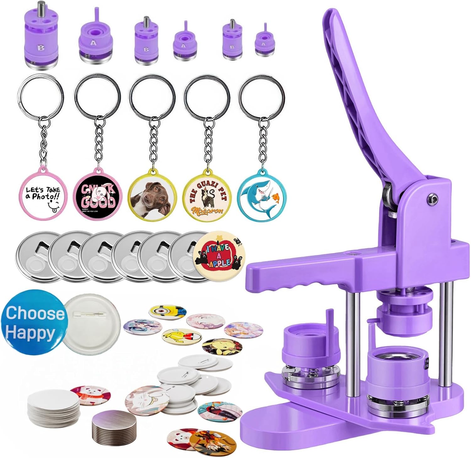 Button Maker Machine Multiple Sizes, 25mm+32mm+58mm Pin Maker Button Press Machine W/300 Pinback Making Supplies, 10 Keychain 10 Bottle Opener Badges