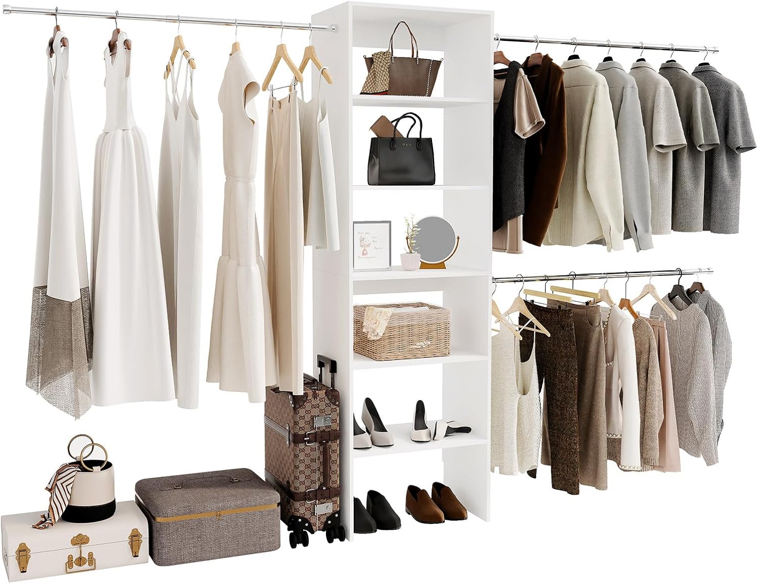 117 inch Large Wall-Mounted Closet Organizer with 5 Storage Shelves and 3 Hanging Rods – Open Wardrobe System (walnut)