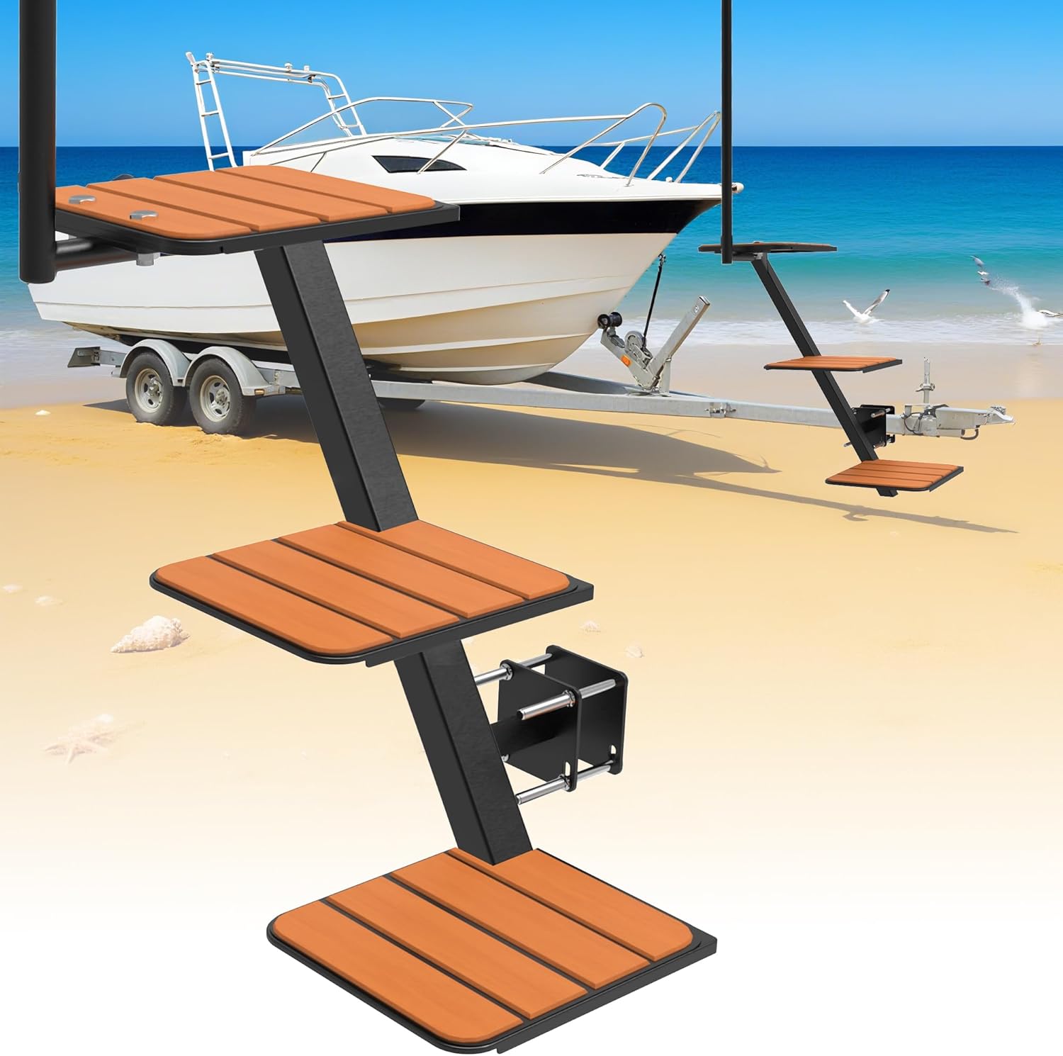 Boat Trailer Steps with Safety Handle - Heavy Duty Non-Slip Steps for Bass, Pontoon & Jon Boats - Easy Boarding, Adjustable & Secure Fit (with Safety Handle, Black, 3 Steps)