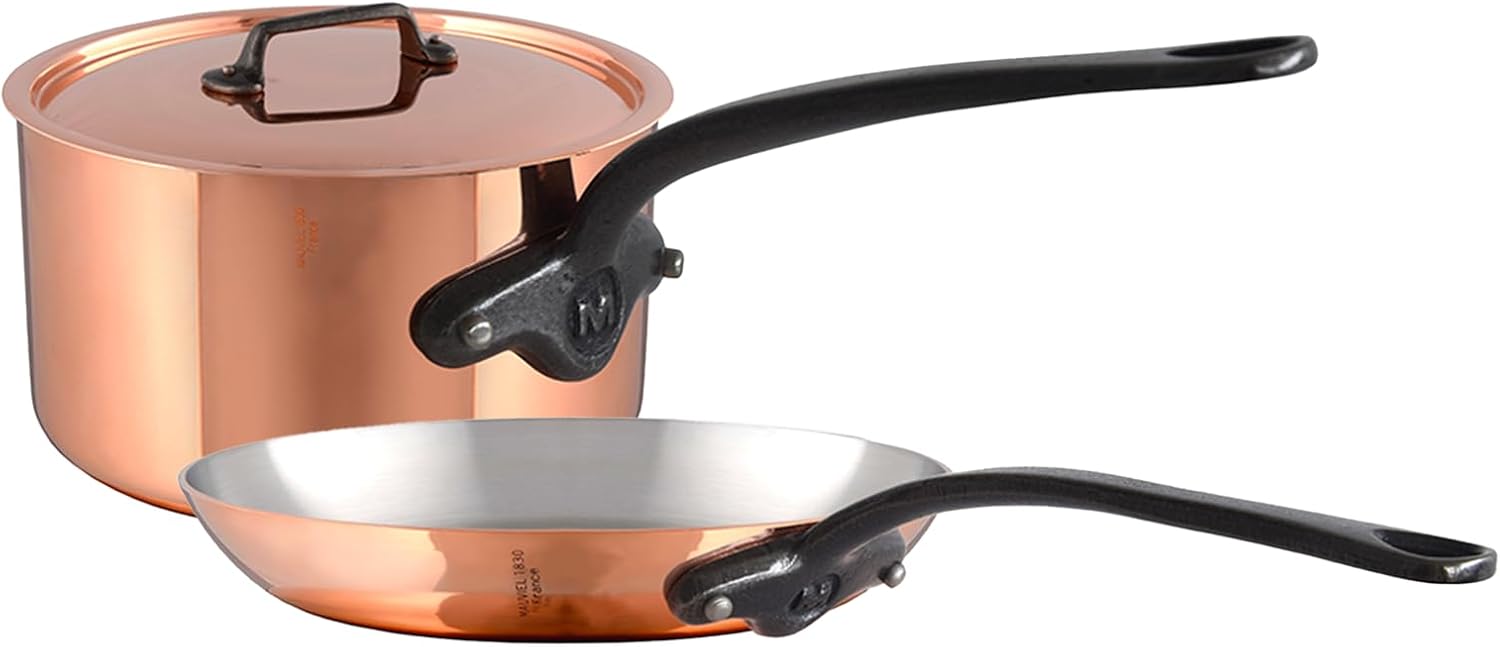 Mauviel M'Heritage 150 CI 1.5mm Polished Copper & Stainless Steel DeLuxe 3-Piece Cookware Set, With Sauce Pan With Lid, 2.8-Qt and Frying Pan 11.8-In, Cast Iron Handles, Made in France
