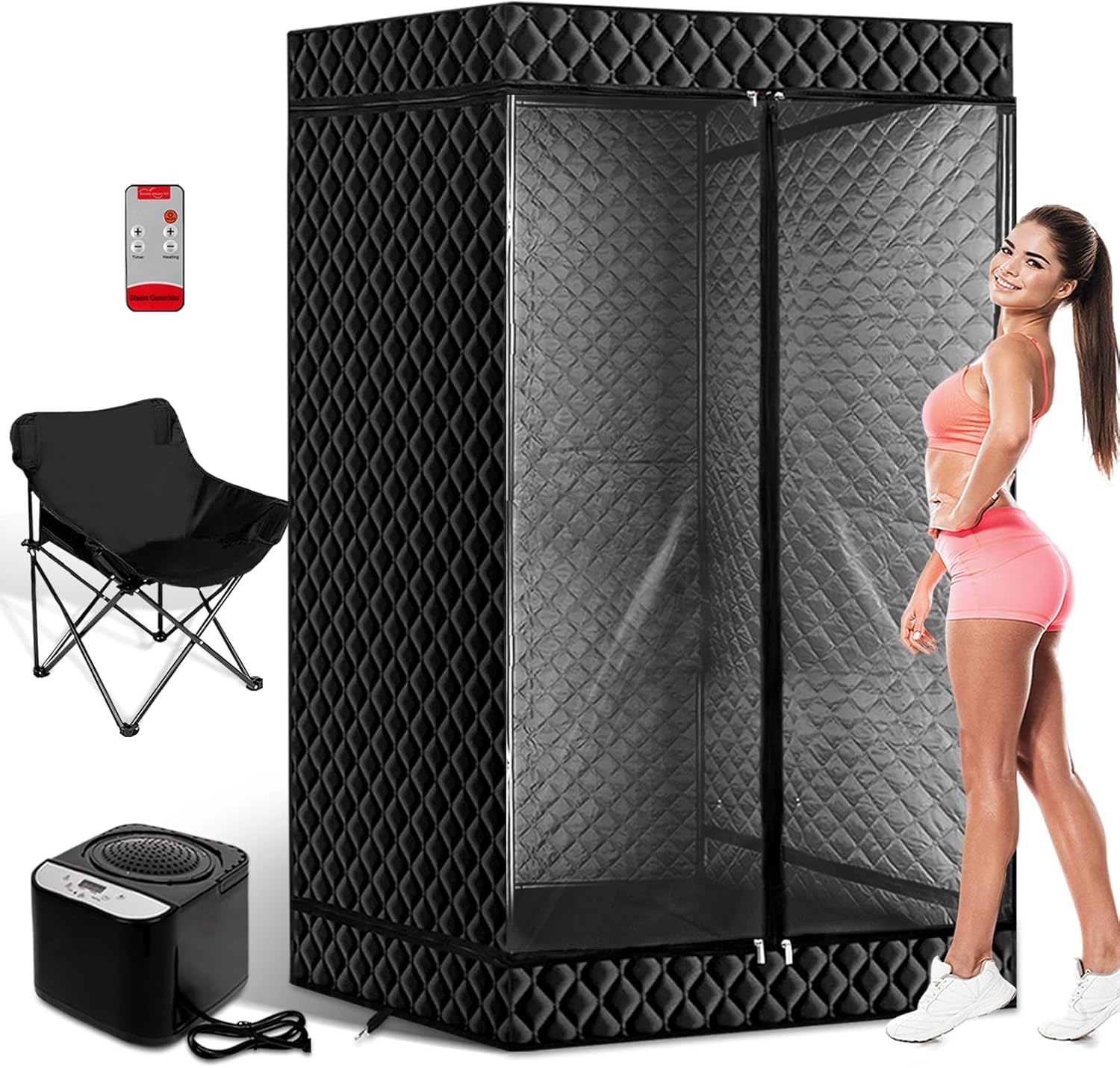 PEEKO Red Light Sauna Box for Relaxation,Detoxification,Portable Steam Sauna for Home with XL Steamer,16 Levels, 75”x 40”x40”，Double Doors，Larger Folding Chair, Gym-Black，