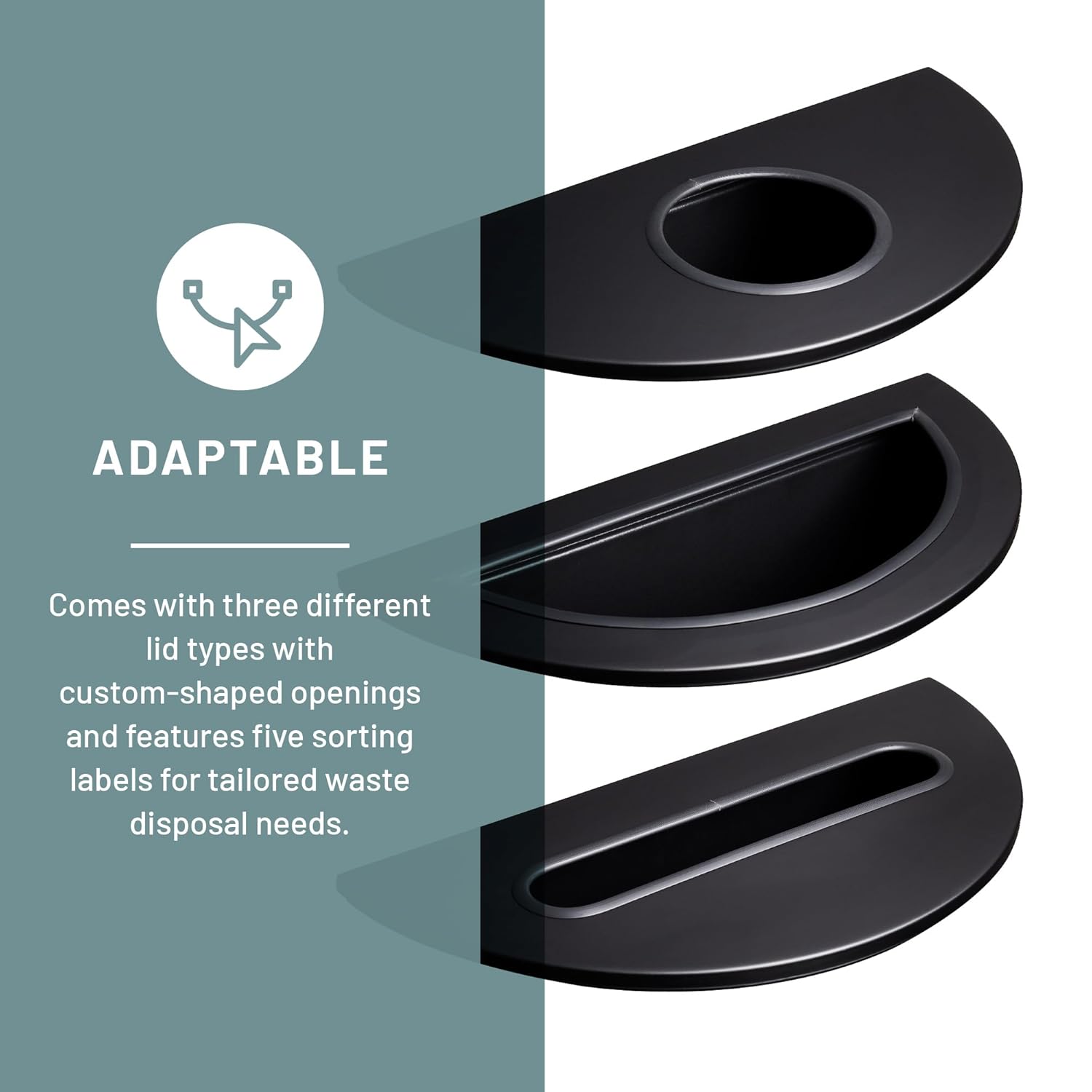 Safco Trash Can, 15 Gallon Garbage Bin with Dual Trash and Recycling Lids, Half Round, Black