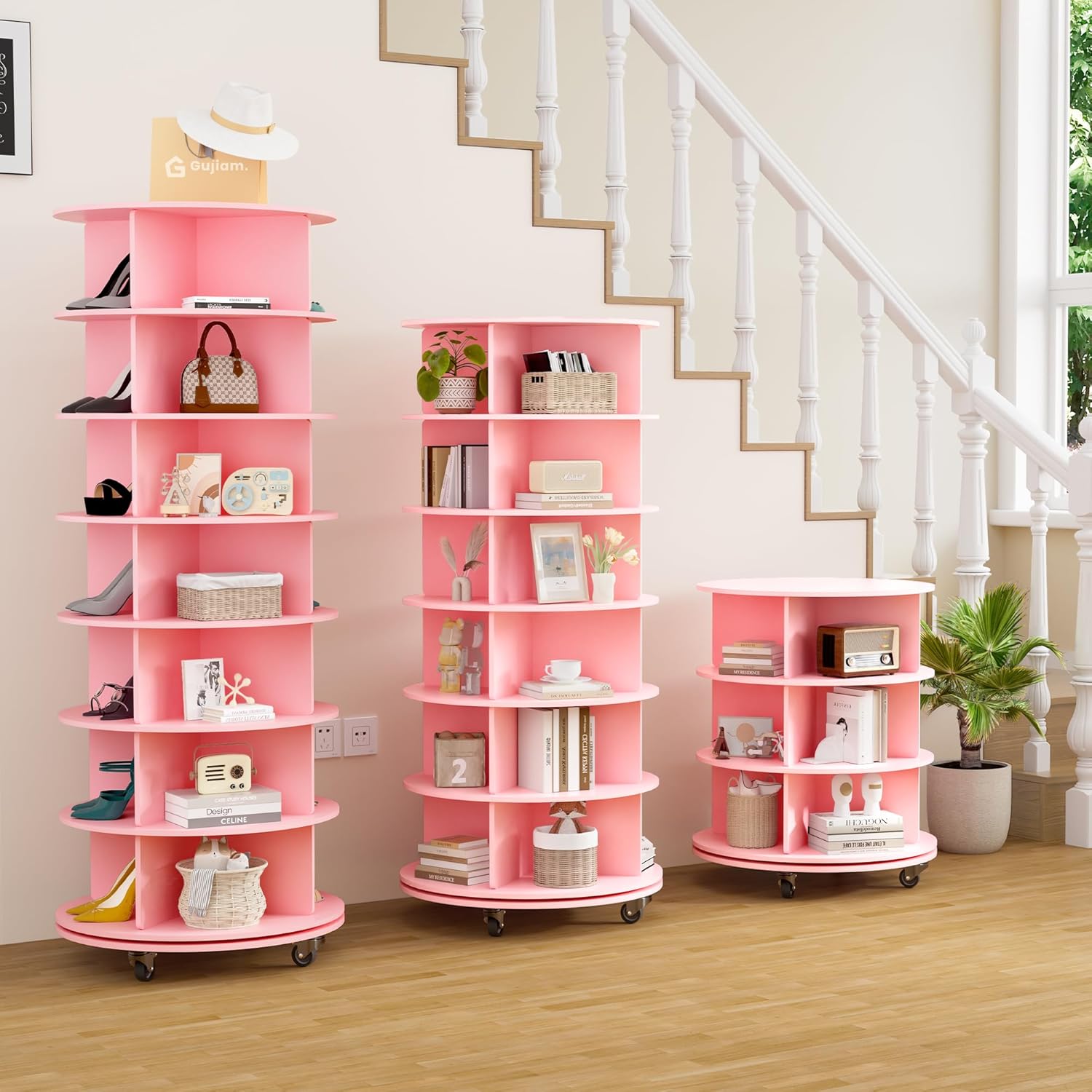 7 Tier Rotating Shoe Rack Tower with Wheels, 360 Revolving Shoe Rack Storage Round Carousel lazy susan, 66.9