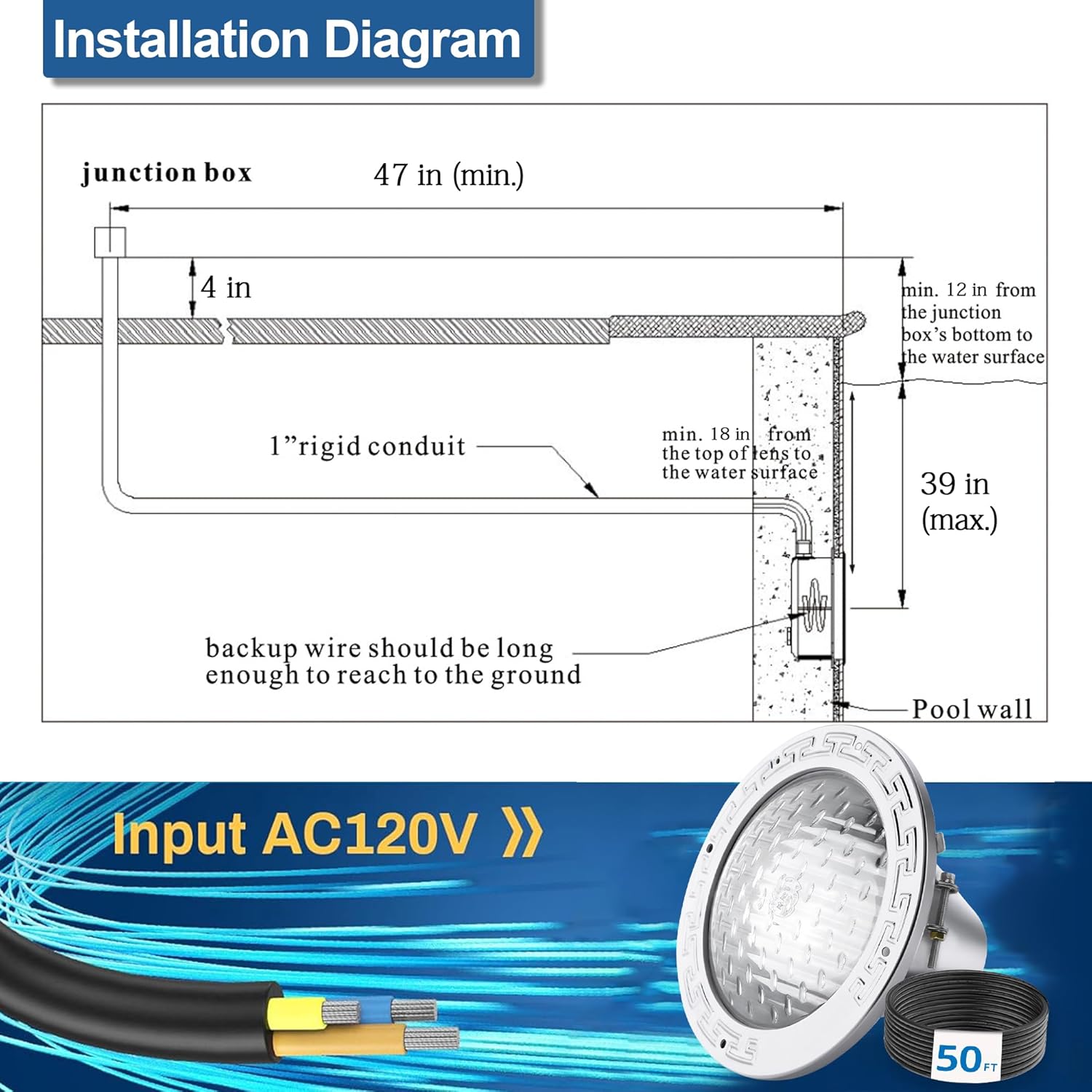 120V 10-Inch Pool Light for Inground Pools, IP68 Waterproof Pool Lights, Includes 2 x 500W Incandescent Bulbs, 50ft Cord - Direct Replacement Pentair Amerlite & Hayward AstroLite, Fits 10'' Pool Niche