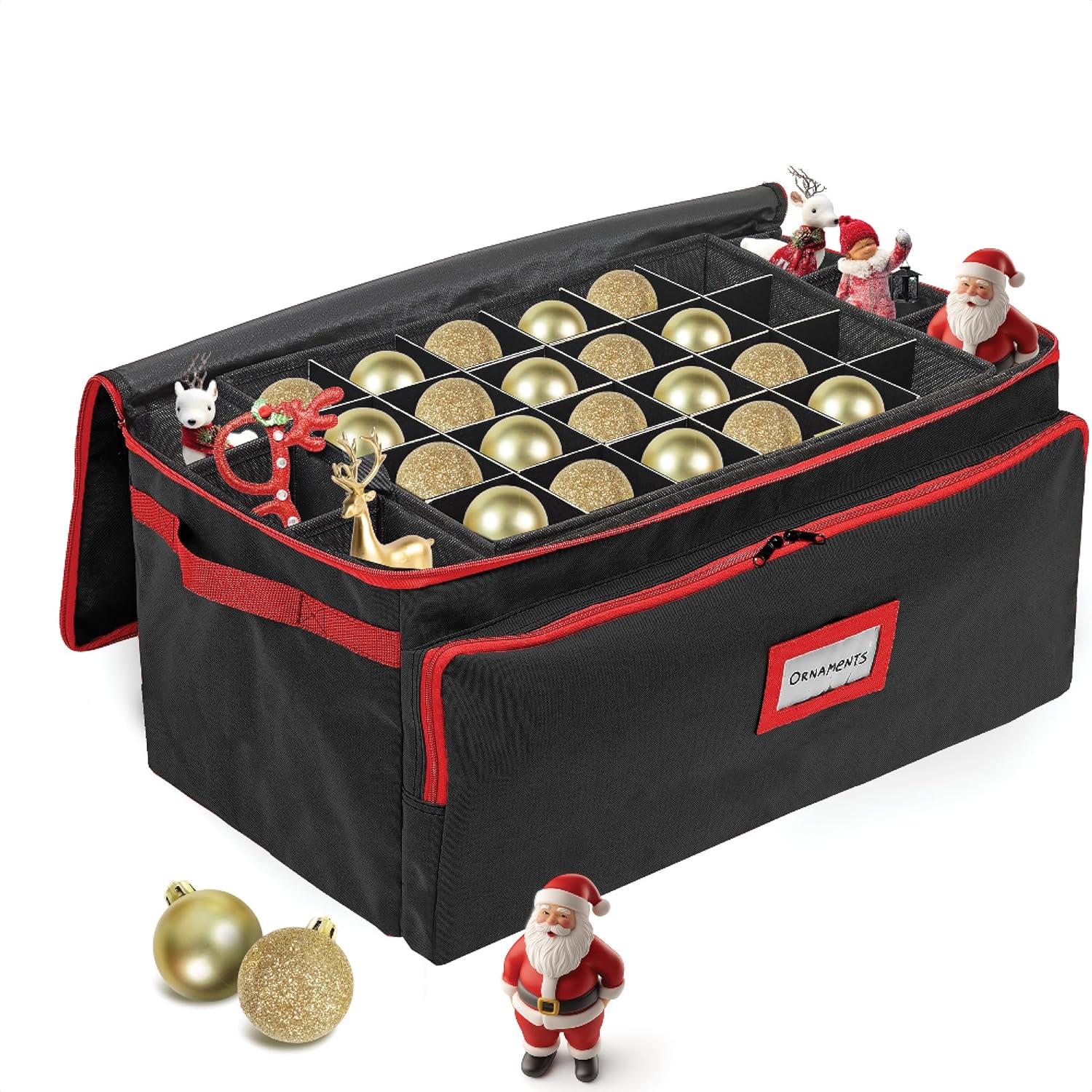 HOLDN’ STORAGE Premium Christmas Ornament Storage Container - Holds Up to 72-4” Ornaments Durable 600D Fabric - Adjustable Dividers - 3 Individual Trays - Metal Frame - Red