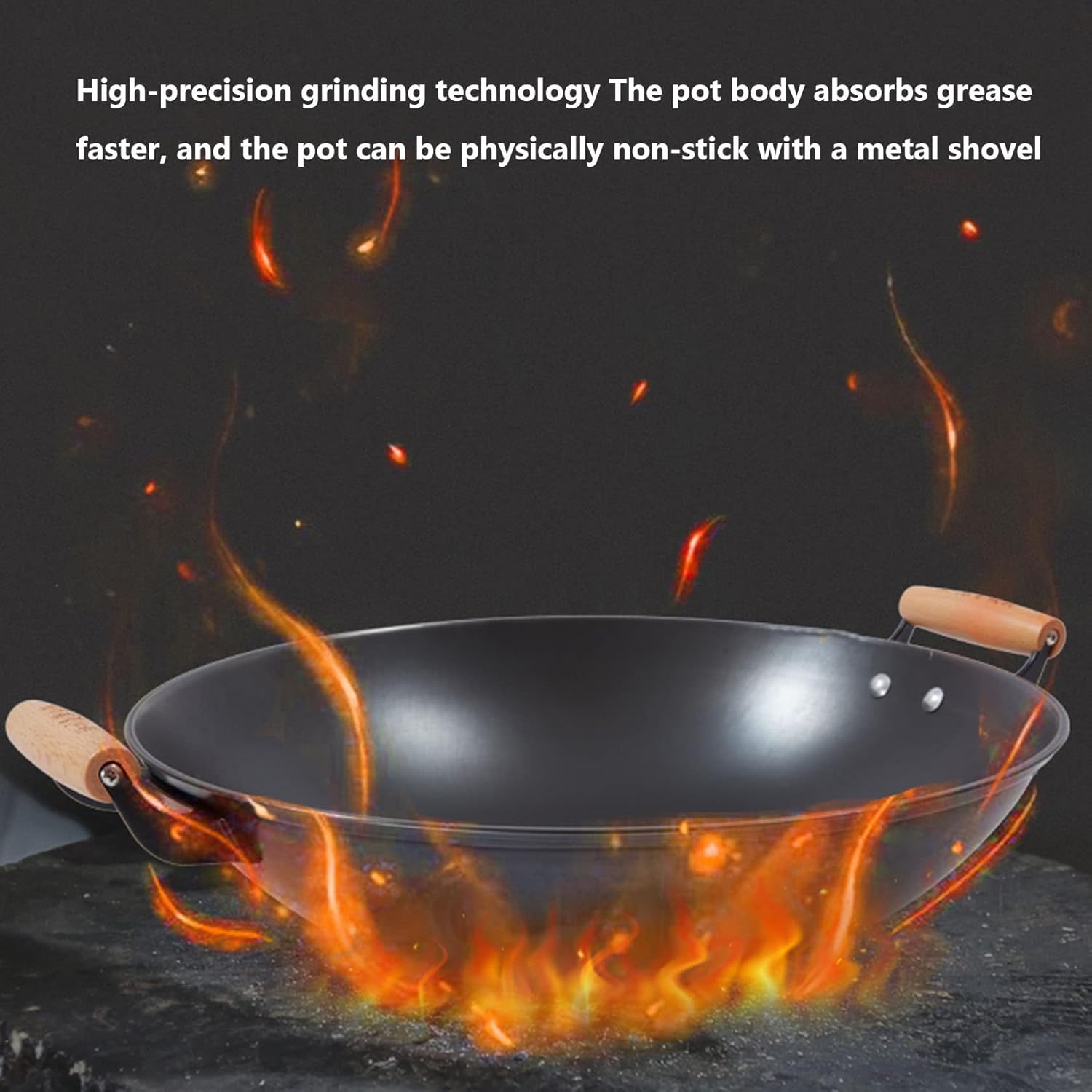 Cast Iron Wok, Double-Eared Iron Pot, Beech Wood Handle,51Cm,40cm