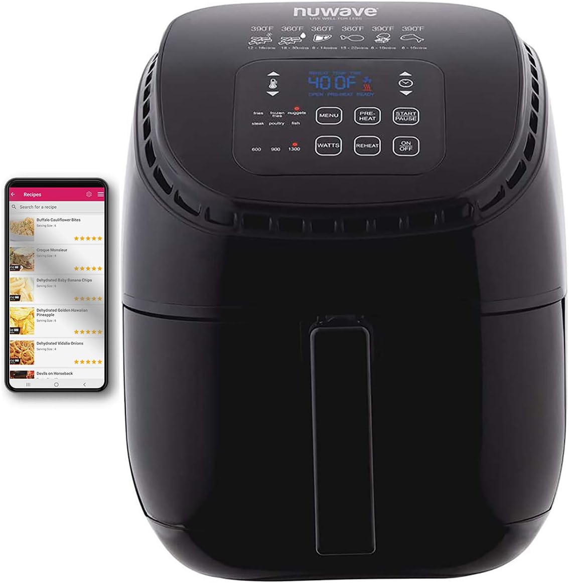 Nuwave 4.5-Qt Brio Air Fryer, 100 Pre-Programmed Recipes & 100 Memory Slots to Save & Recall Favorite Recipes, 100°F-400°F, Linear Thermal (Linear T) Technology for Perfect Results (Renewed)