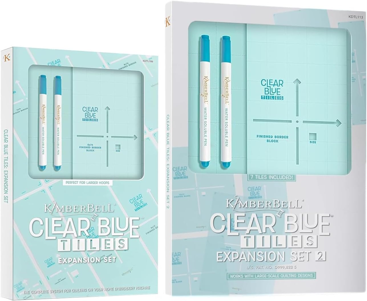 Kimberbell Clear Blue Tiles Expansion Set Bundle – Expansion Set 1 & 2 – 29-Piece Quilting System for Larger Hoops, Block-by-Block Custom Quilting on Your Embroidery Machine