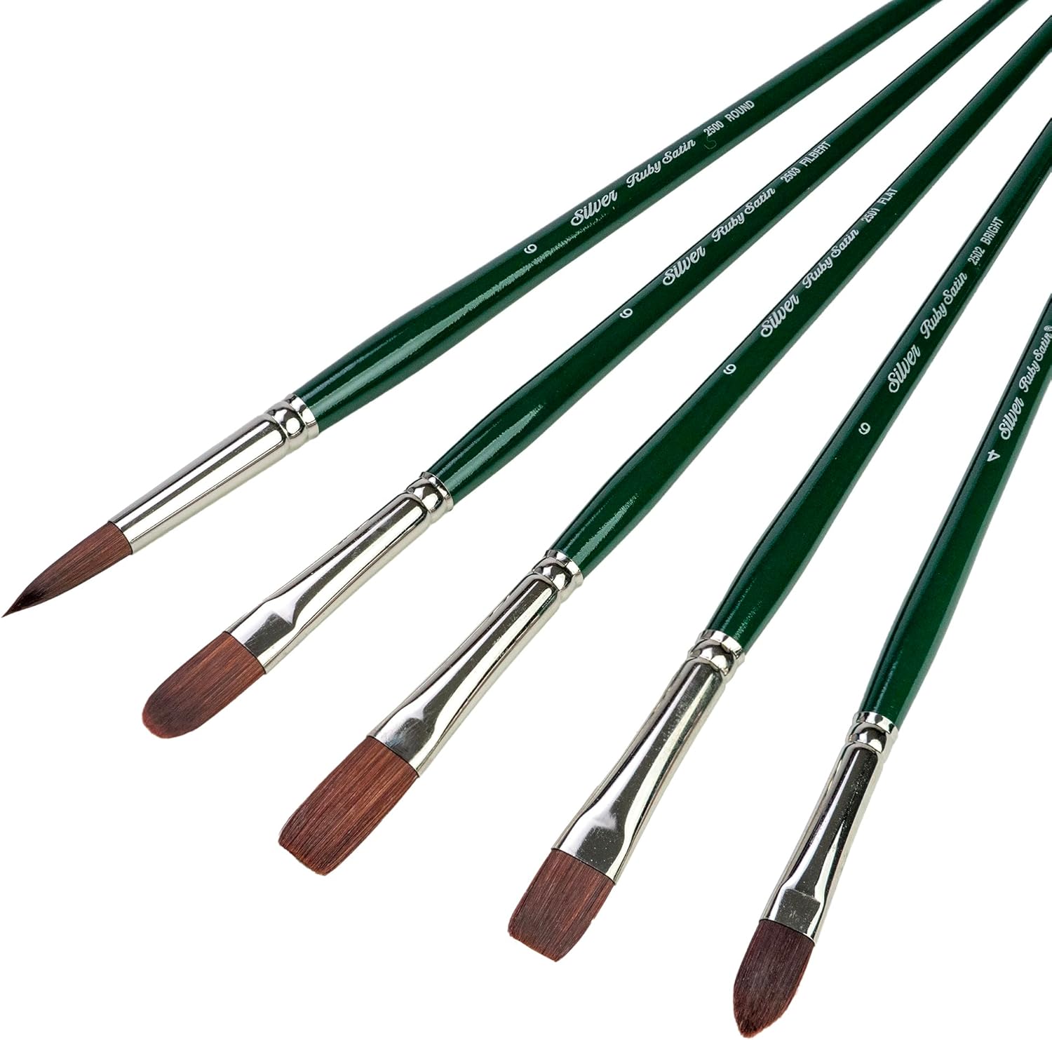 Silver Brush Limited RS-2596 Ruby Satin Size 6 Variety Set, 5pc Premium Long Handle Brushes with Stiff and Flexible Synthetic Bristles, Round, Flat, Bright, Filbert & Cat's Tongue for Oil and Acrylic