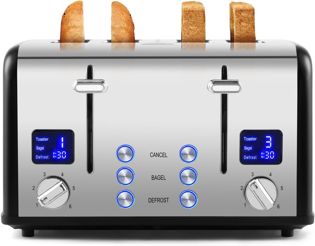 Stainless Steel Toaster, CUSIMAX 4 Slice Toaster with Smart LED Display, Exart Wide Slots, 6 Shade Settings, 1650 Watts, Bagel and Defrost Fuction, Cancel Button, Removable Crumb Trays