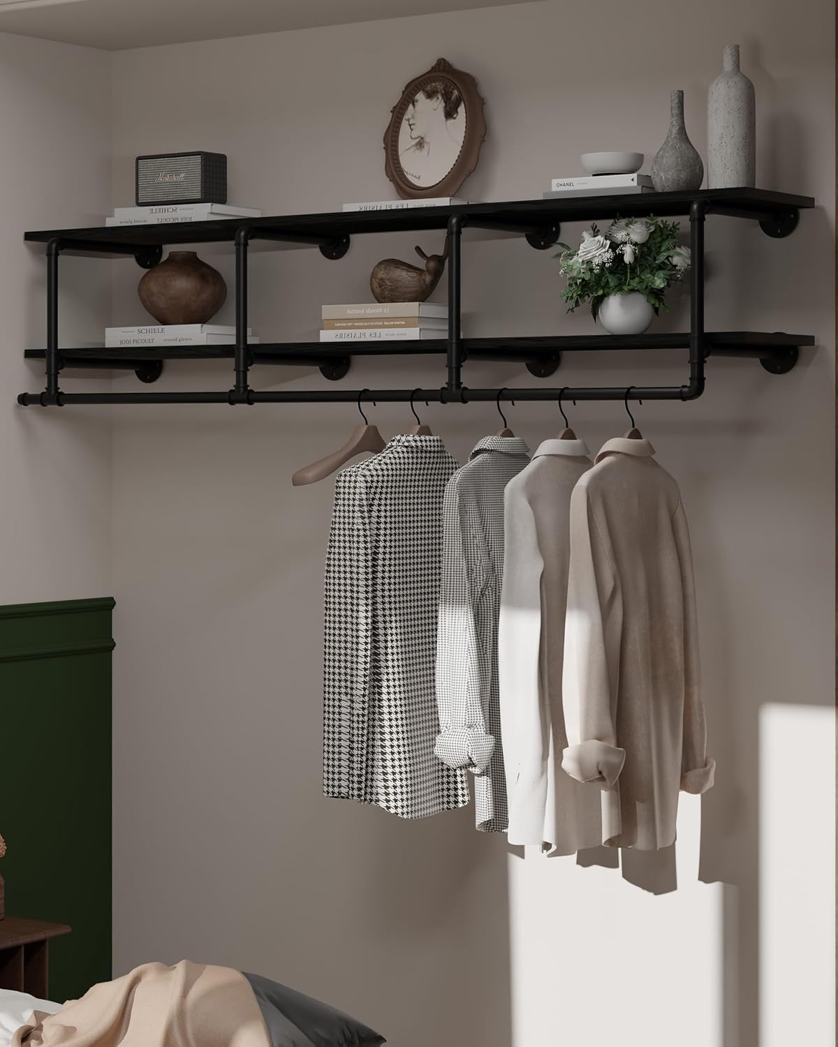 Wall Mounted Clothes Rack 12 Inch Deep, 60 Inch Heavy Duty Garment Rack with Real Brown Wood Shelf, Multi-Purpose Hanging Rod & Space-Saving Closet Storage Organizer