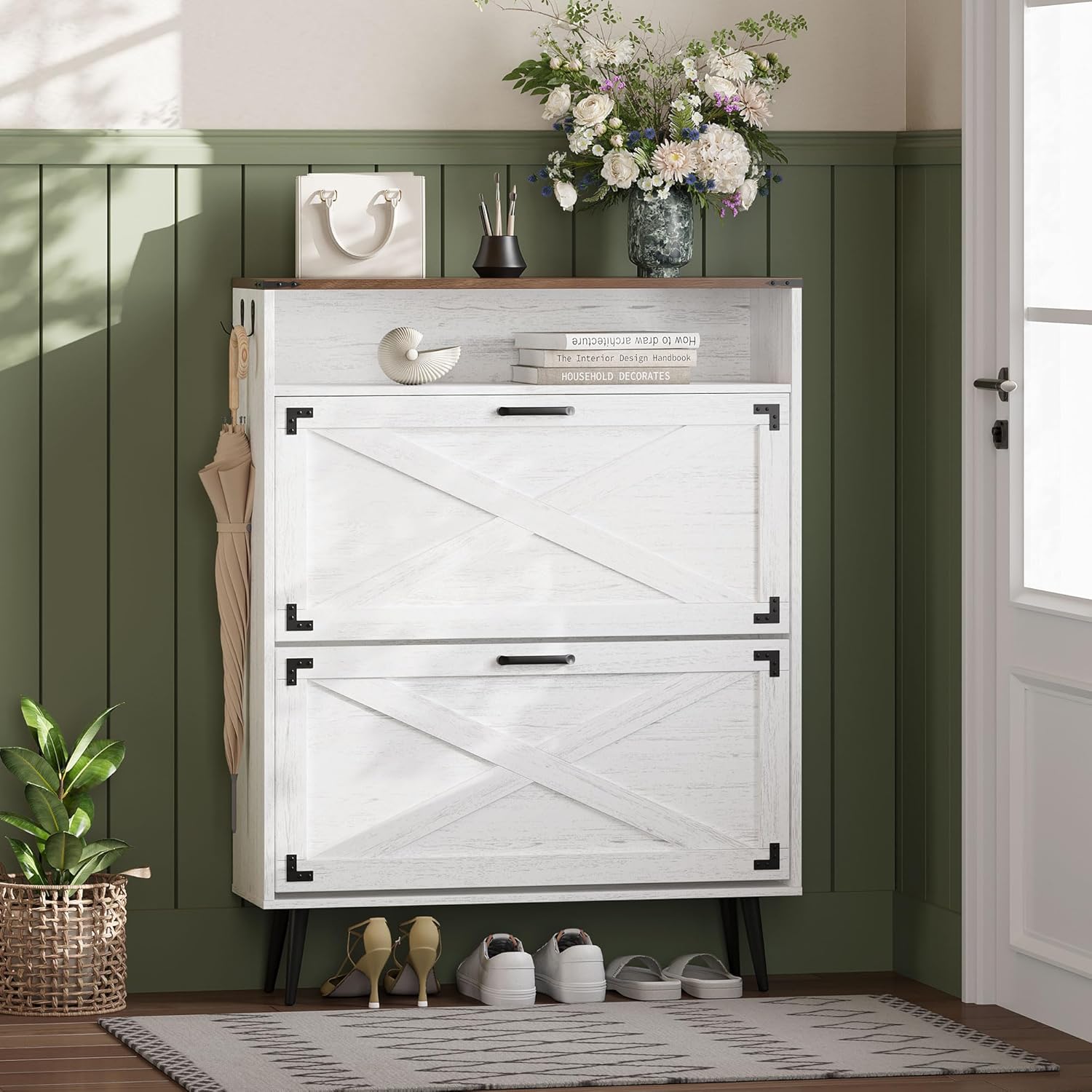 Shoe Storage Cabinet with 2 Flip Drawers Narrow Shoe Rack Cabinet Farmhouse Design Freestanding Shoe Organizer with Open Storage for Entryway,Hallway,Foyer,White Walnut