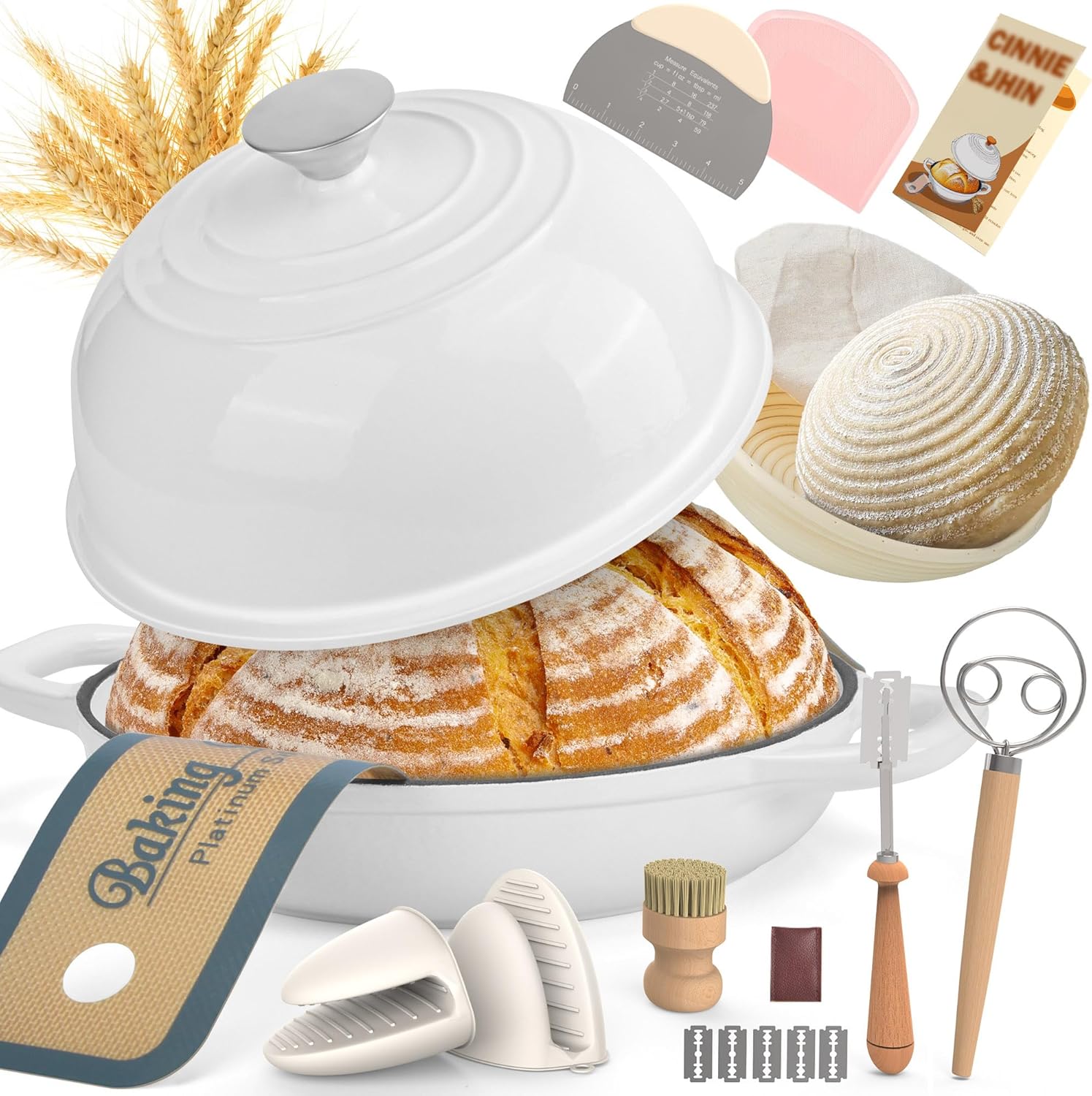 5QT Enameled Cast Iron Dutch Oven with Lid, 9-Pieces Artisan Sourdough Baking Kit – Banneton Basket, Silicone Sling, Scoring Lame, Dough Tools & Recipe | Bread Pans for Homemade Bread