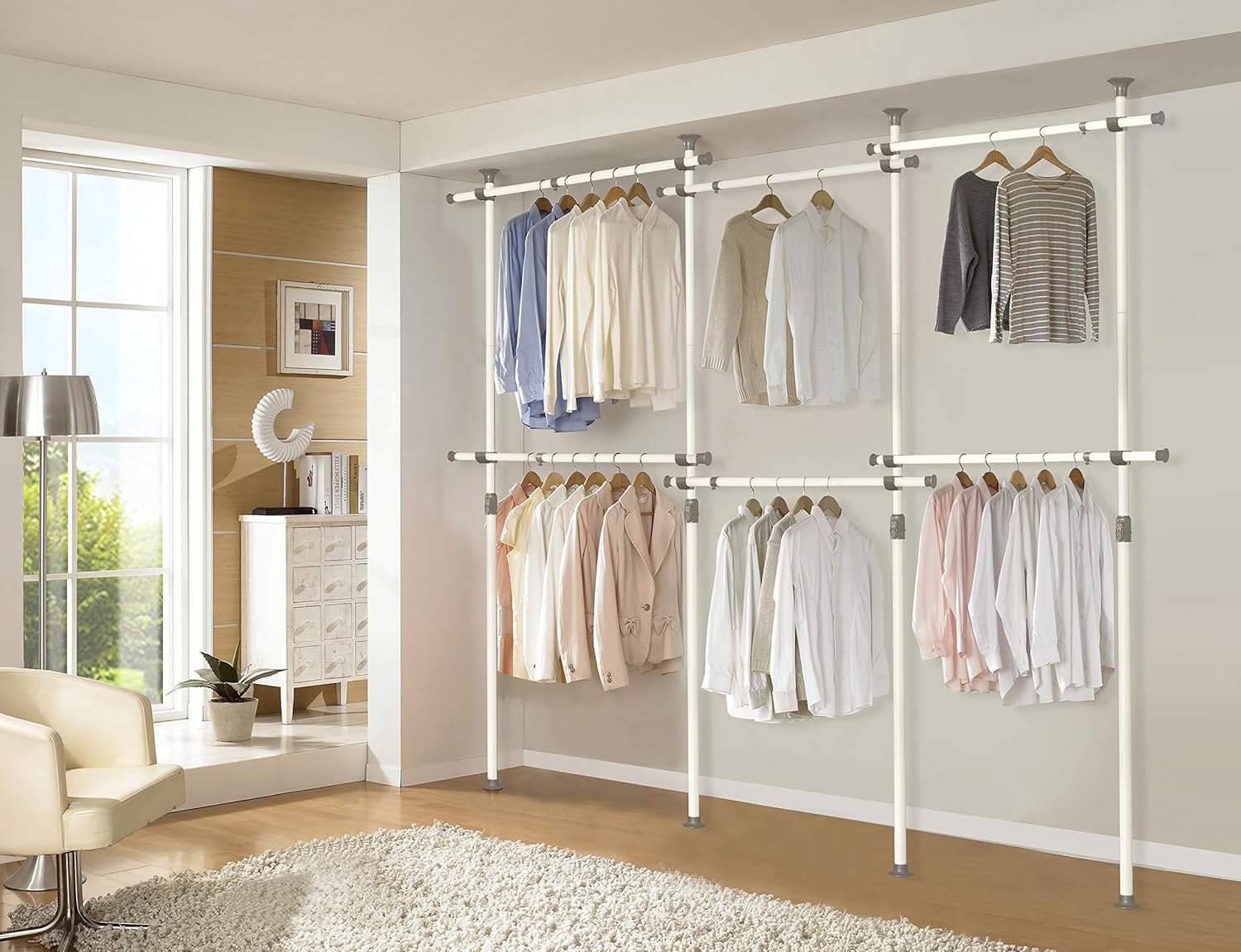 PRINCE HANGER Rack Heavy Duty One Touch System Load 1,056LBS Clothing Racks for Hanging Clothes Metal Closet Garment Tension Rod Freestanding White Height Width Adjustable Closet Rack 6Tier PHUS-0072