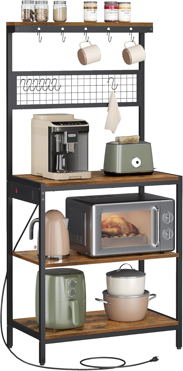 VASAGLE Bakers Rack, Coffee Bar, Kitchen Storage Shelf Rack with 10 Hooks, 3 Shelves, Adjustable Feet, for Microwave Oven, 15.7 x 33.1 x 66.9 Inches, Industrial, Greige and Black UKKS017B02