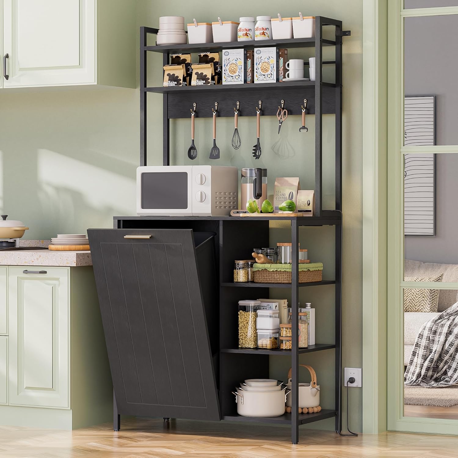 Kitchen Bakers Rack with Storage Shelf - 6-Tier Microwave Stand Oven Cabinet W/Tilting Trash Can Bin and Power Outlet, Farmhouse Thickened Coffee Bar Table Station W/6 Hooks&Adjustable feet