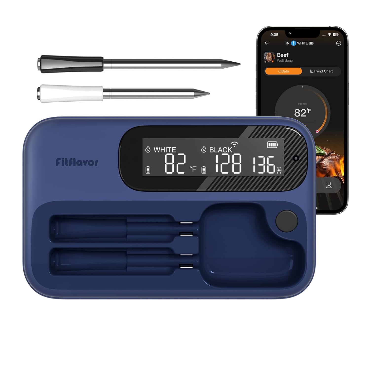 5G WiFi Wireless Meat Thermometer for Smoker Bluetooth, Dual Probes, Fitflavor Bluetooth Meat Thermometer for Grill BBQ, Smart Meat Probe for Food Cook Oven Grilling, Rechargeable