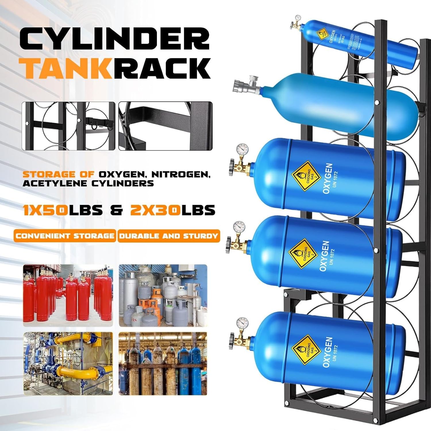 Refrigerant Cylinder Rack 15 x 12 x 48 Inch – 1x50 Lb + 2x30 Lb Tanks – Vertical Floor Stand for HVAC r22 r410a r134a Recovery/Disposable Cylinders, Heavy Duty Space-Saving Holder