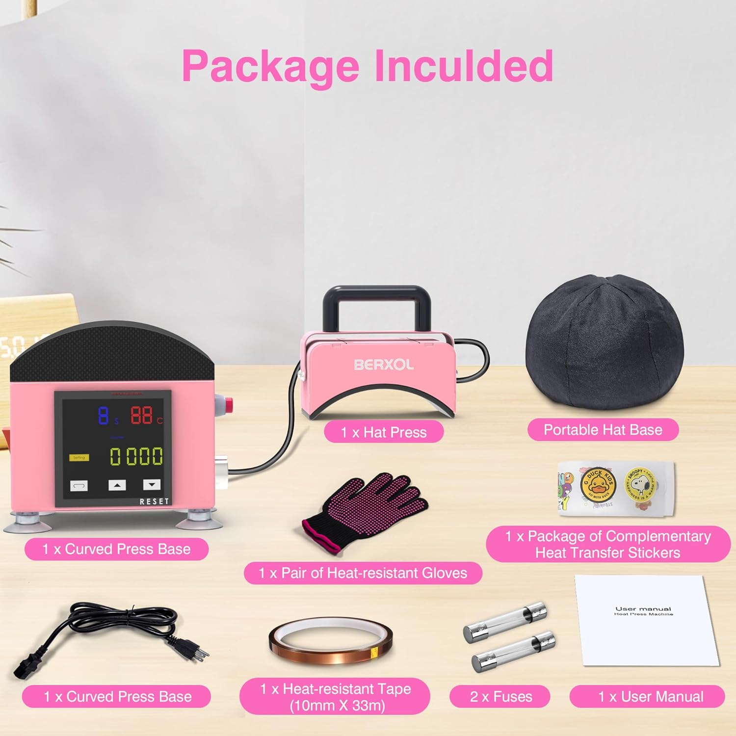 Hat Press,Hat Press Heat Machine for Caps, Curved Heat Plate，Precise Temperature & Timer Control for Easy Operation, Mini Hat Heat Press for Hats, Bags and Socks (Coral Pink)