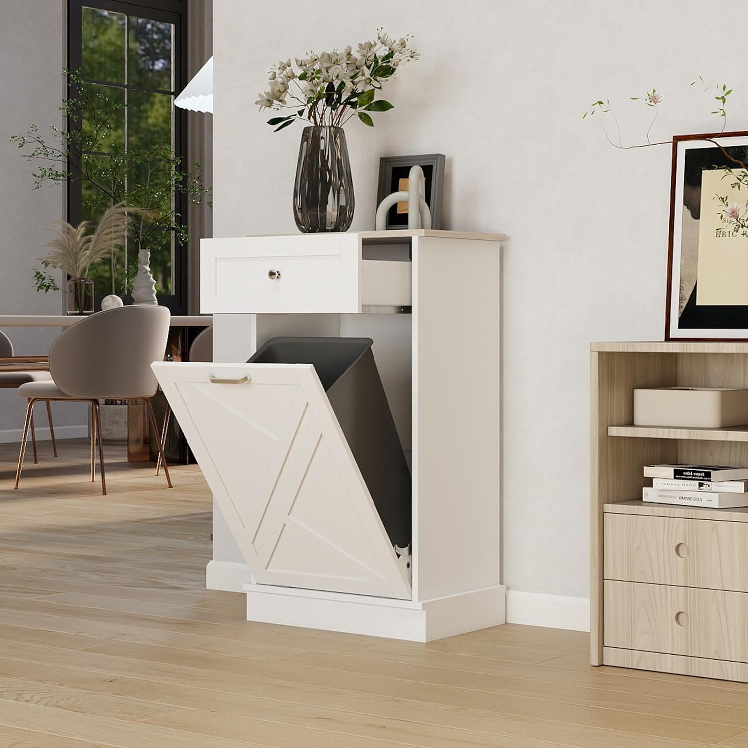 Tilt Out Trash Cabinet-Free Standing Kitchen Waste Bin-Wooden Recycling Trash Cabinet with Drawer-White