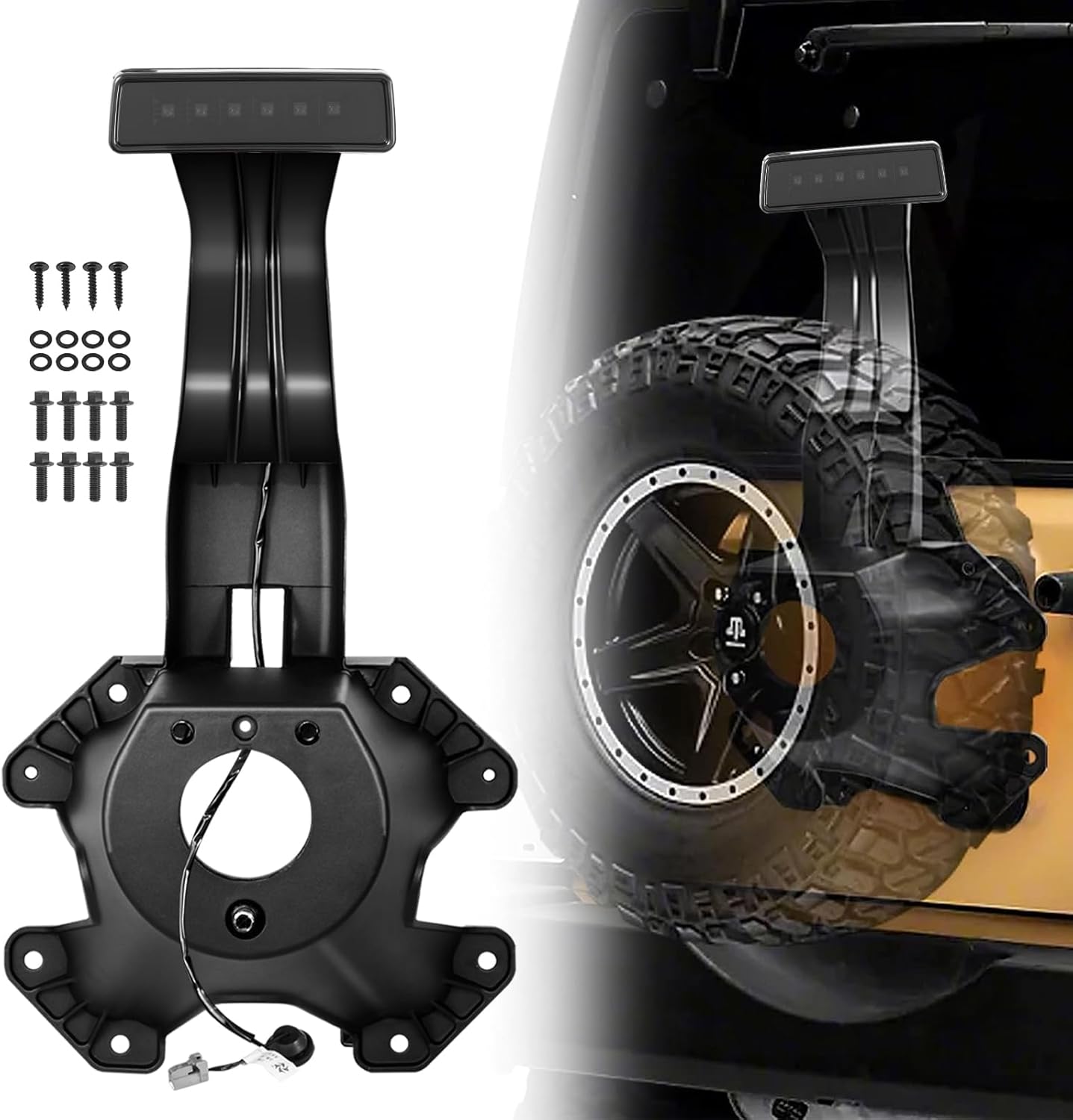 Spare Tire Holder Mounting Bracket Tire Carrier Bracket with Screws ＆ Third Center High Mount Brake Light with Wiring Harness Compatible with 2007-2018 Jeep Wrangler JK Replace# 55397217AJ (RED)