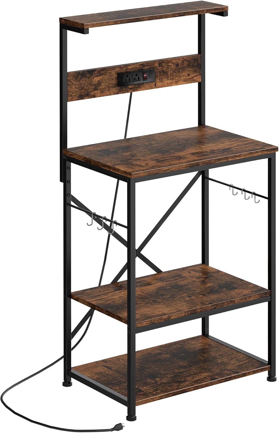 Shintenchi Bakers Rack with Power Outlet, Kitchen Organizer and Storage with 6 Hooks, Microwave Oven Stand, Kitchen Shelf for Spice, Coffee Station, Coffee Bar Table (Vintage Brown)