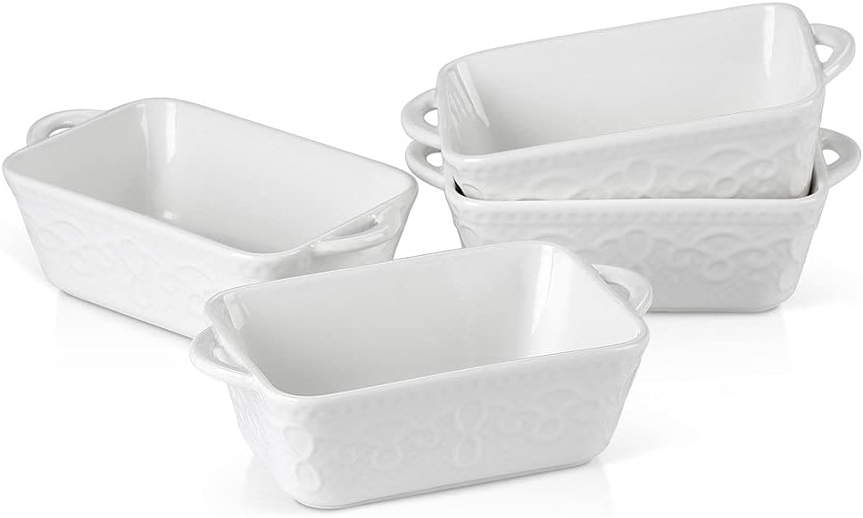 4/8-Piece 305ML White Porcelain Baking Plate Pans with Handle,Ceramic Souffle Brulee Pie Tapas Baking Dishes Bakeware (Color : 4-teilige)