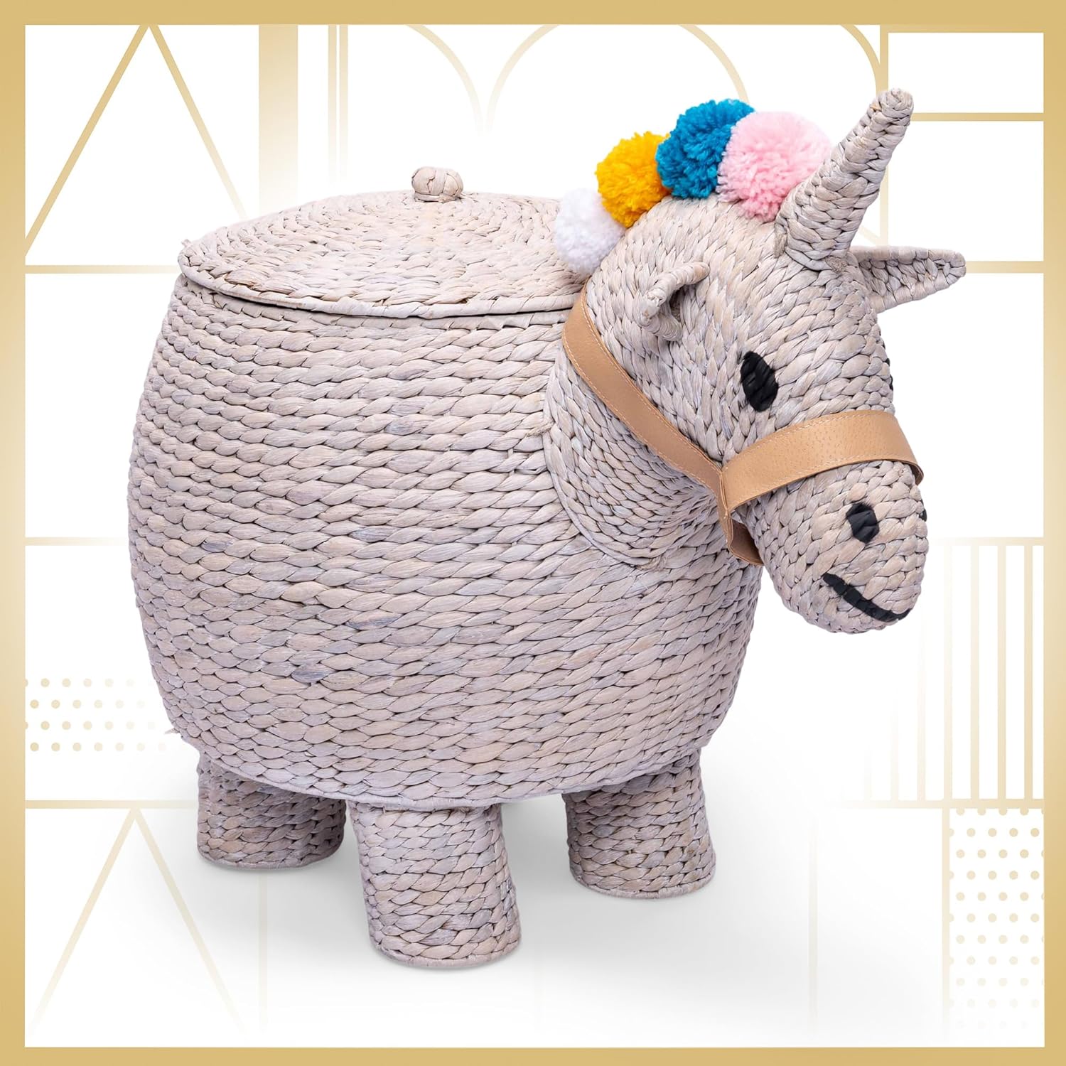 Unicorn Laundry Hamper Child & Pet Safe Basket, Baby Hamper for Nurseries, Cute Toy Basket for Children's Bedrooms, or Cat & Dog Toy Box, Natural & Sustainable Water Hyacinth, Light Grey